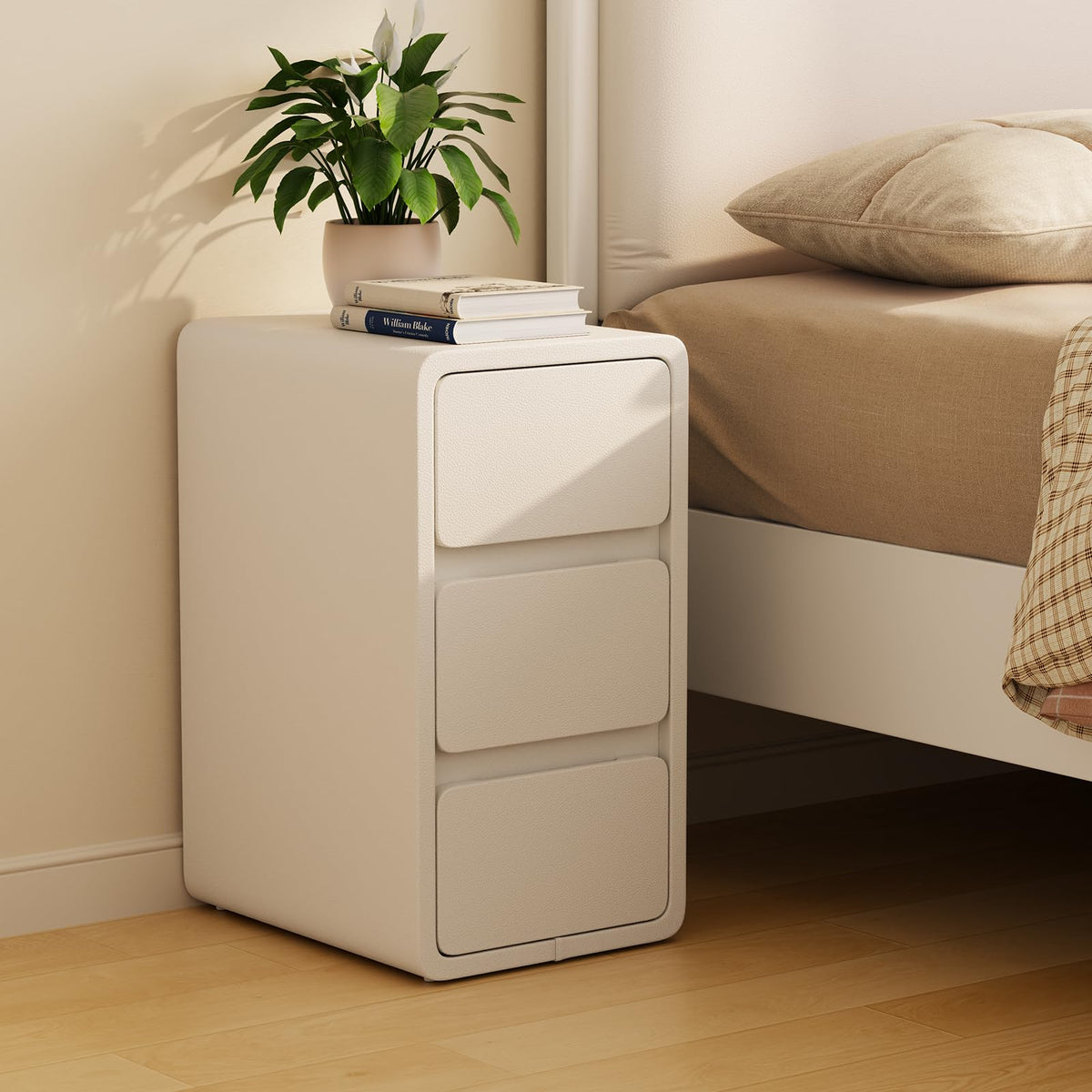 AQIMUELE Small Bedside Table, Narrow Bedside Cabinet with 3 Drawers?Pre-assembled Slim Bedside Table with Leather Surface for Bedroom, 30cm (White)