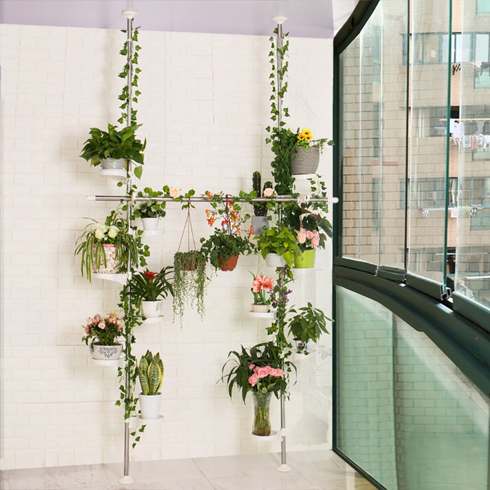 BAOYOUNI Indoor Plant Stands Spring Double Tension Pole Metal Flower Display Rack Space Saver Corner Floral Pot Storage Shelf with 12 Trays, 2 Hooks &