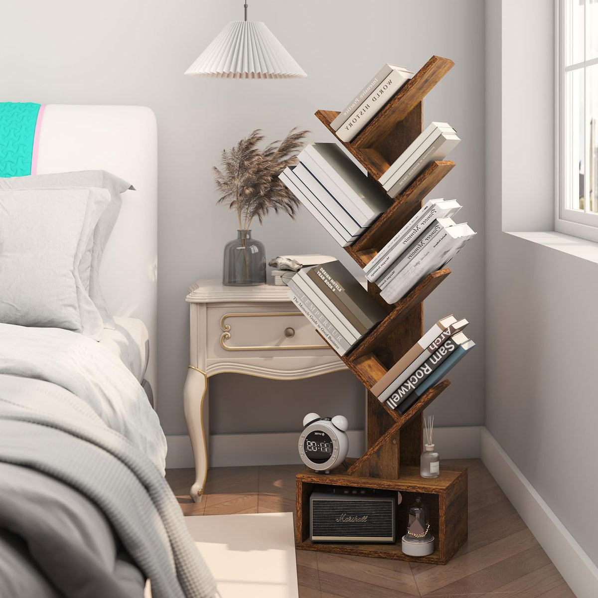YMYNY 6 Tier Tree Bookshelf, Tall Bookcase, Wood Book Storage Rack with Drawer, Modern Floor Standing Book Shelf for Books/Movies/CDs, Utility