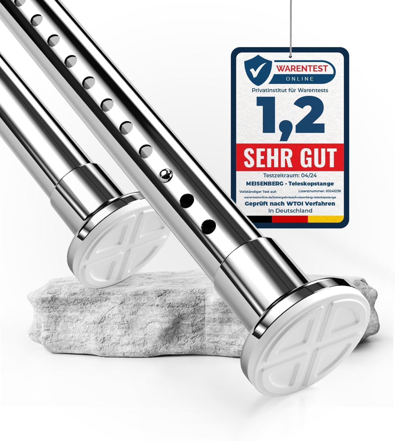 MEISENBERG Shower Curtain Rod Stainless Steel Silver, Tension Rods for Curtains 160-210 cm - Ø 32 mm Diameter, Heavy Duty Tension Pole No Drill