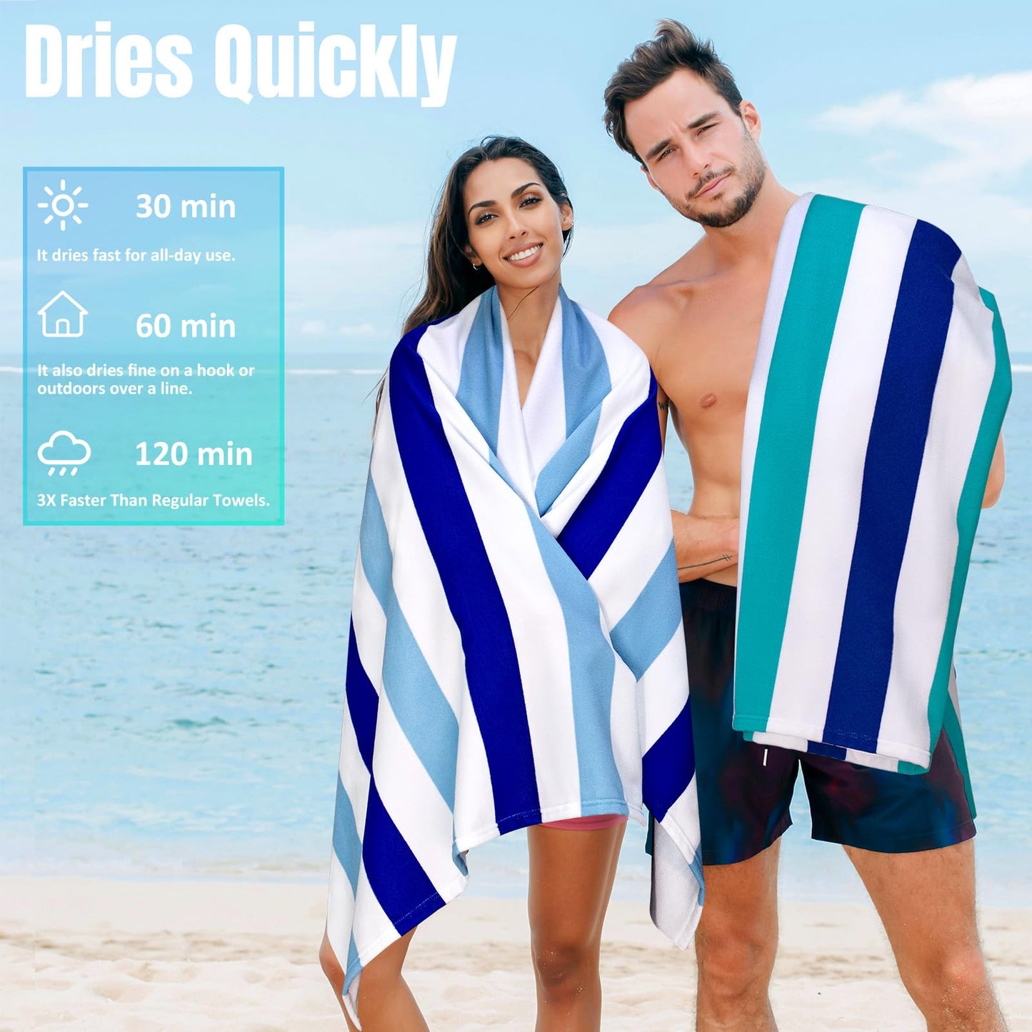Ouxiaobai Large Oversized Beach Towel - Microfiber Sand Free 35 x 70 Inch Quick Dry Lightweight Pool Towel for Adults, Thin Striped Swim Towel