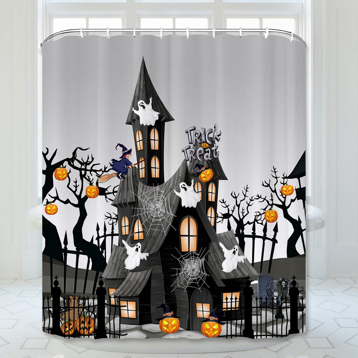 Abaysto Halloween Shower Curtain for Bathroom, Thriller House Spider Web Pumpkin Bath Room Curtain