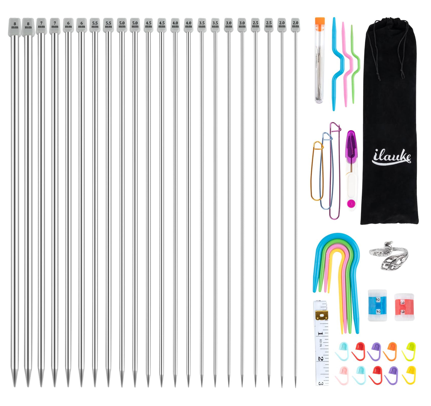 ilauke 56Pcs Knitting Needles Set, 35cm 11 Pairs Straight Single Pointed Stainless Steel Sweater Needles Set 2mm-8mm, Locking Stitch Makers, Large-Eye