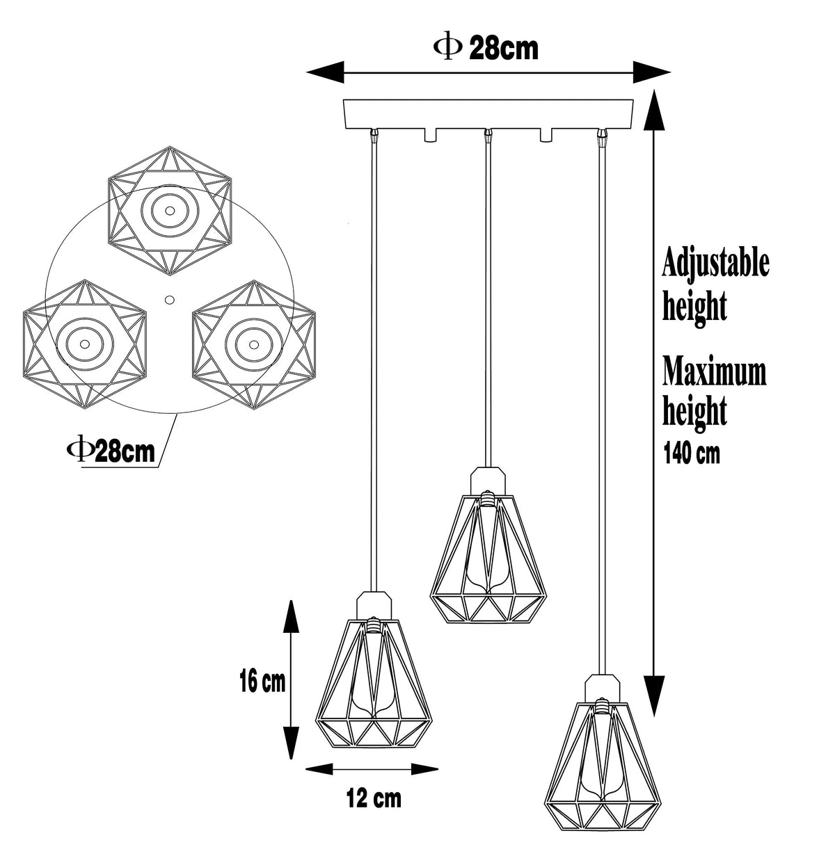 Timi Home Industrial 3-Light Pendant Light, Flush Mount Ceiling Light Fixture with Black Metal Cage Shade, Vintage Hanging Pendant Lighting for