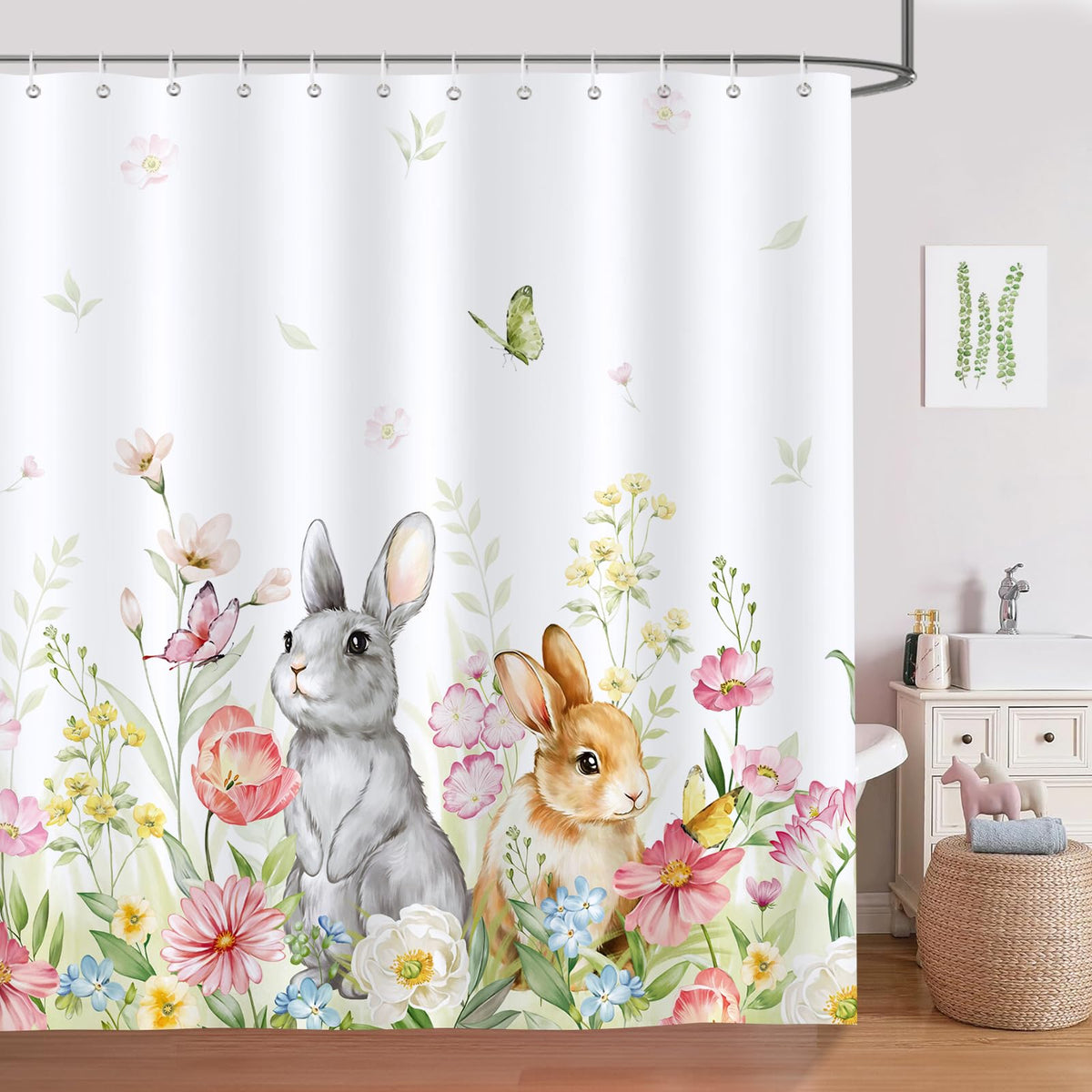 Bonhause Spring Easter Bunny Shower Curtain Cute Rabbits Floral Plant Bathroom Curtain 180 x 180 cm Waterproof Mildew & Mould Resistant Polyester