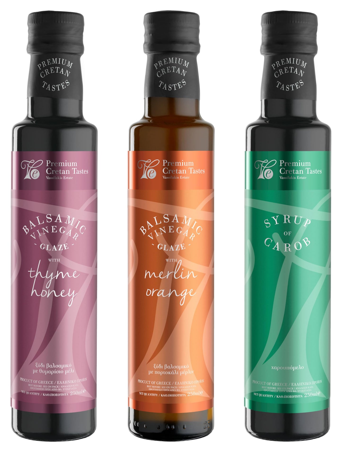 Vassilakis Estate Gourmet Gift Set ? Balsamic Vinegar with Thyme Honey, Merlin Orange & Carob Syrup ? Pack of 3 x 250ml (Total 750ml) ? Luxury