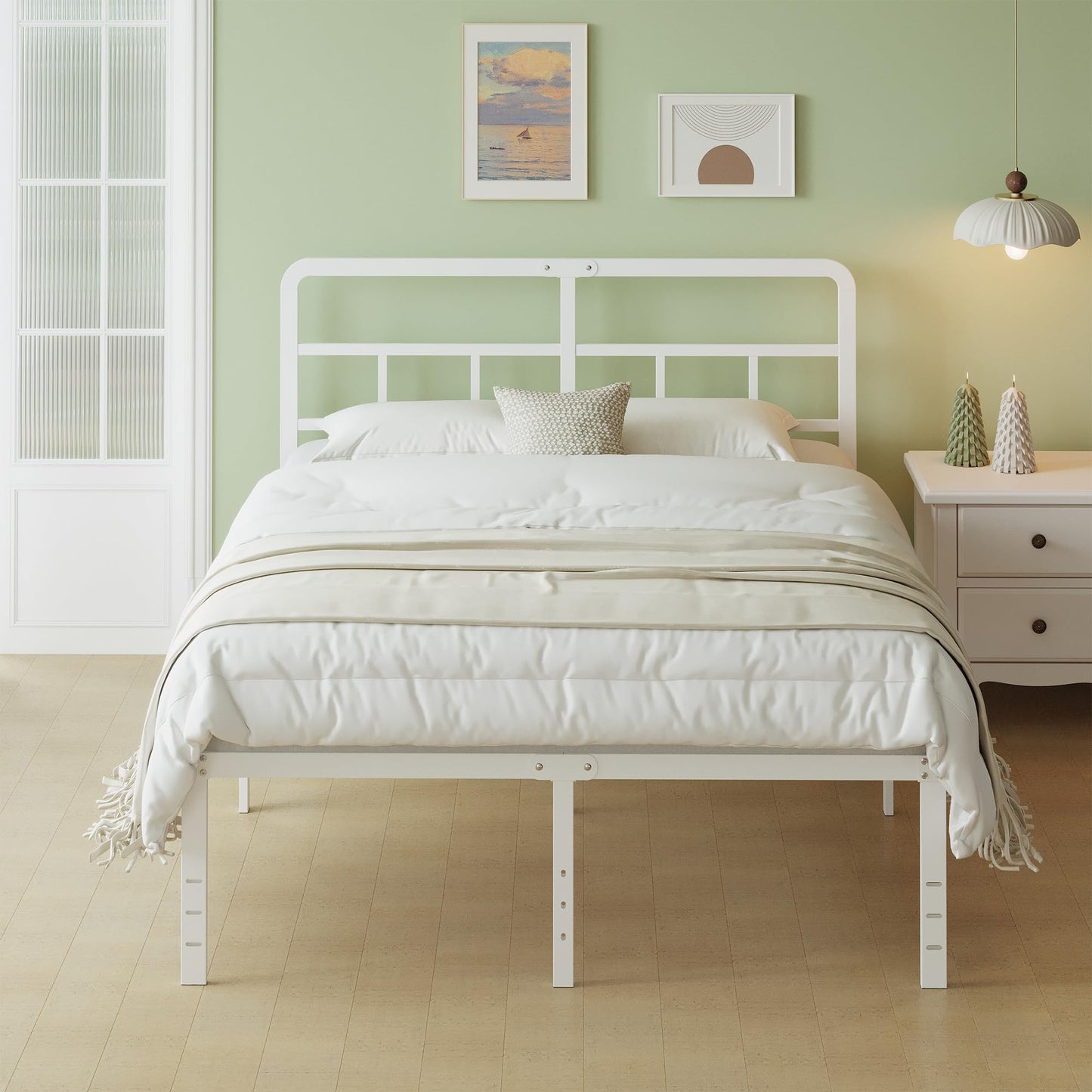 Lutown-Teen Metal Bed Frame 160 x 190 cm with Curved Headboard, 5ft 3 Heavy Duty White Bed Frame 46 cm High with Steel Slat Support, Under-bed