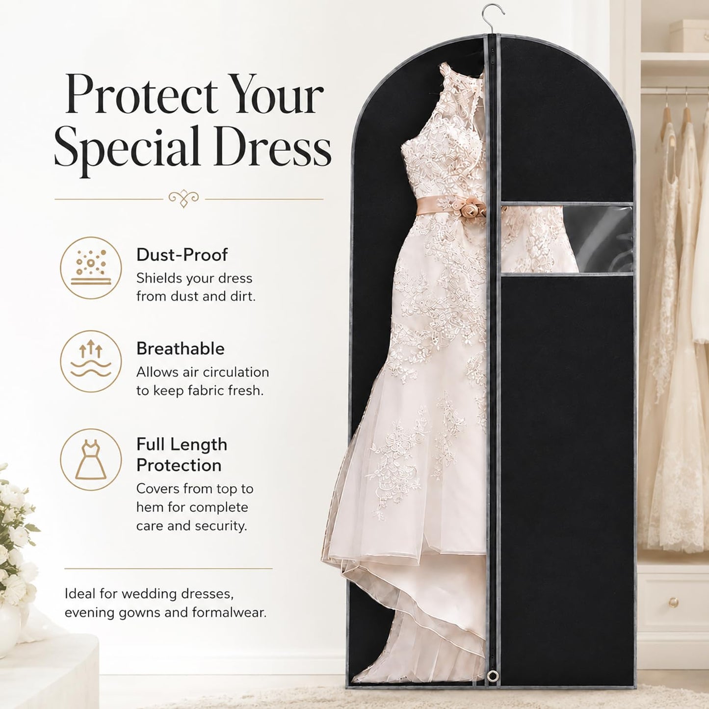 Dress Bag Covers Long, URMI Breathable 60 x 183cm (3 PCS) Hanging Wedding Dress Bridesmaid Dress Bags for Gowns Prom Bridal Garment Bags with Clear