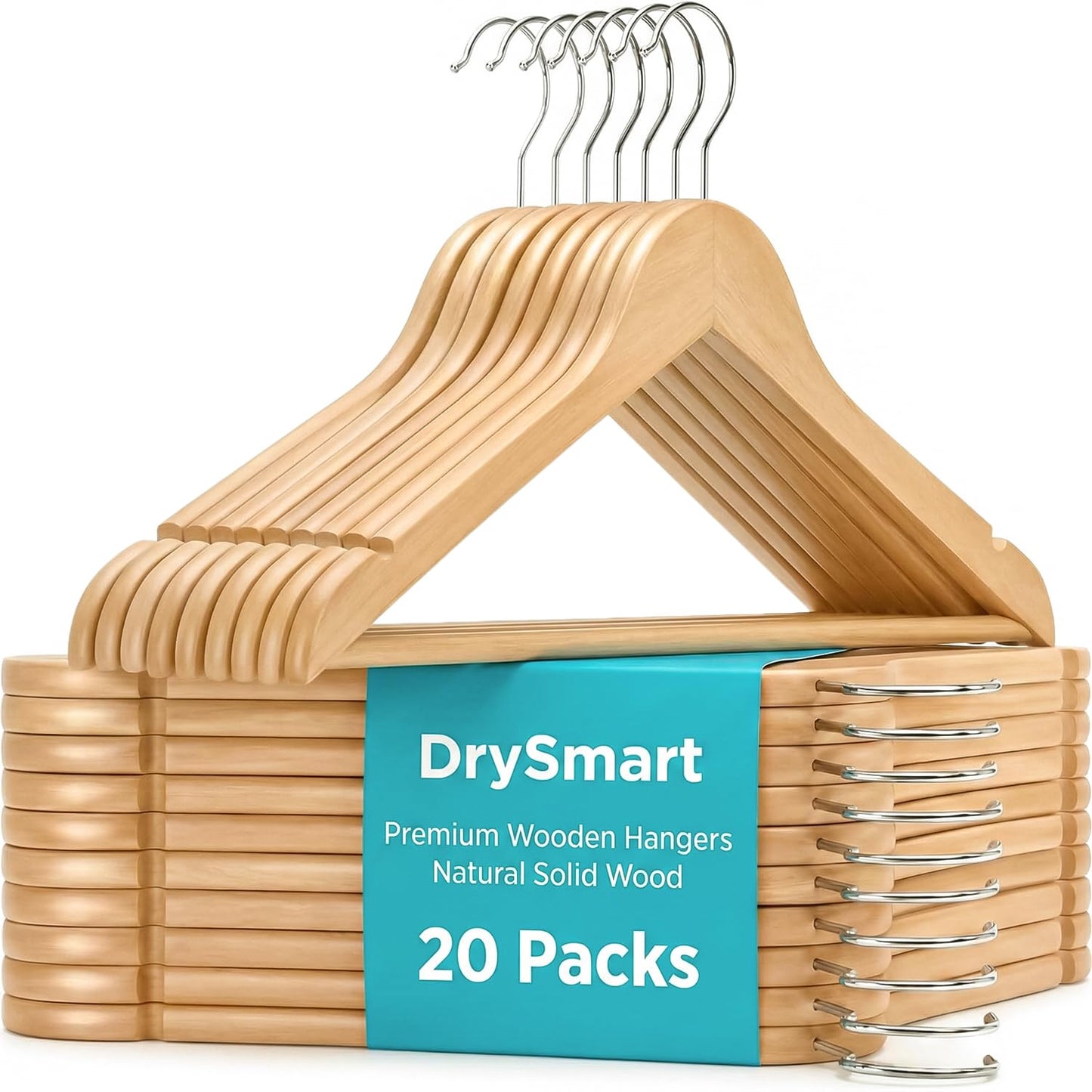 DrySmart 20 Pack Wooden Coat Hangers with 360° Swivel Hook, Round Trouser Bar & Shoulder Notches – Durable Space-Saving Closet Hangers for Men & Women