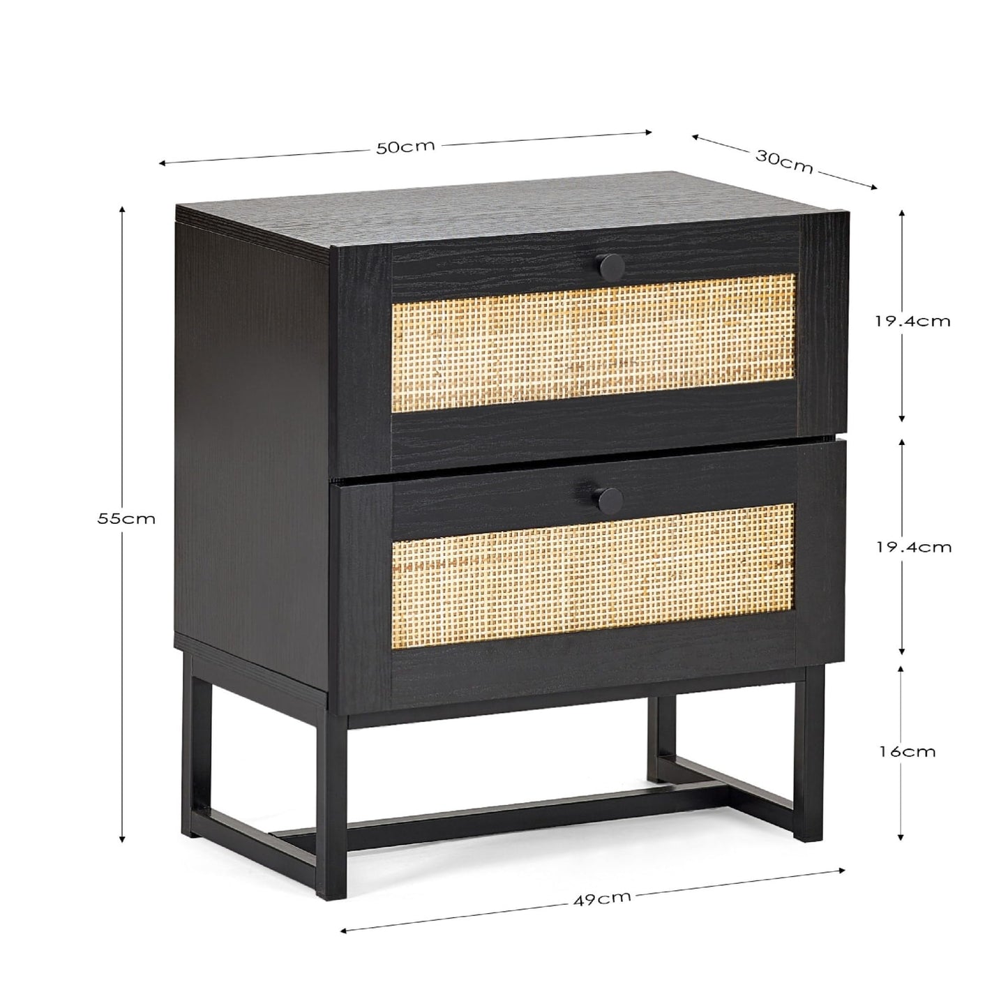 Julian Bowen Padstow Bedside Table, 2 Drawer, Black - H55 x W50 x D30cm