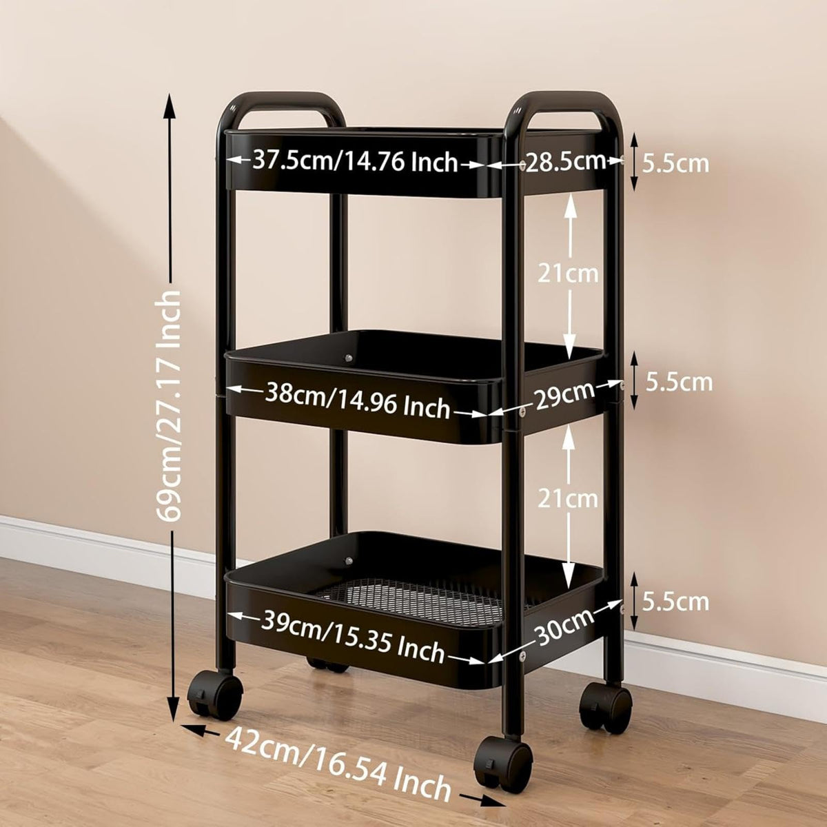 Nikphobos 3 Tier Storage Trolley, Metal Trolley Rolling Utility Cart on Wheels with Hooks, Multi-Purpose Organizer for Kitchen Bathroom Bedroom Office
