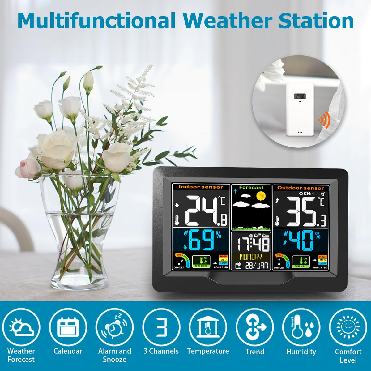 Qxmcov Weather Station Wireless with Outdoor Indoor Sensor, Digital Large LCD Screen Thermometer, Weather Station with Weather Forecast, Temperature,