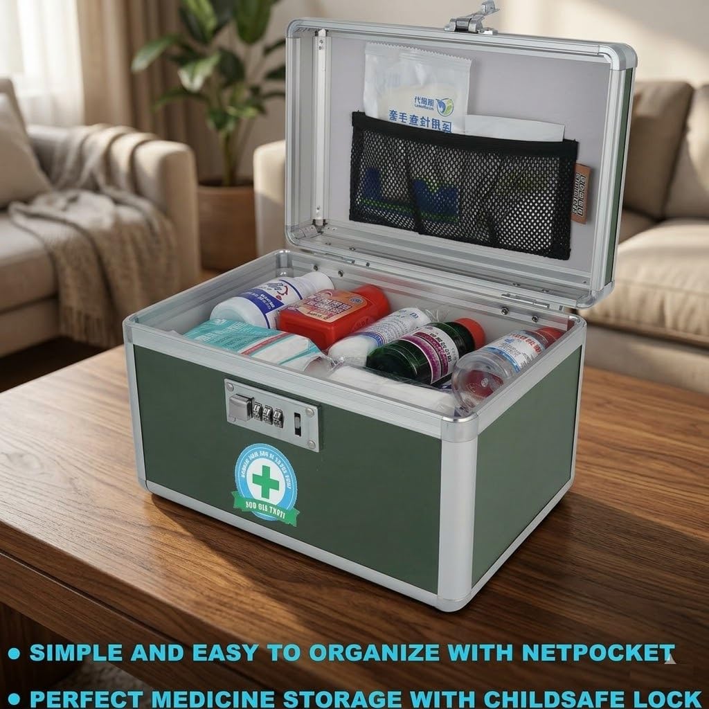 HEWEI WORKS Medication Lock Box, Lockable Medicine Storage, Empty First Aid, Medical Organizer, Safe lockbox for Home & Outdoor (Green, Small)