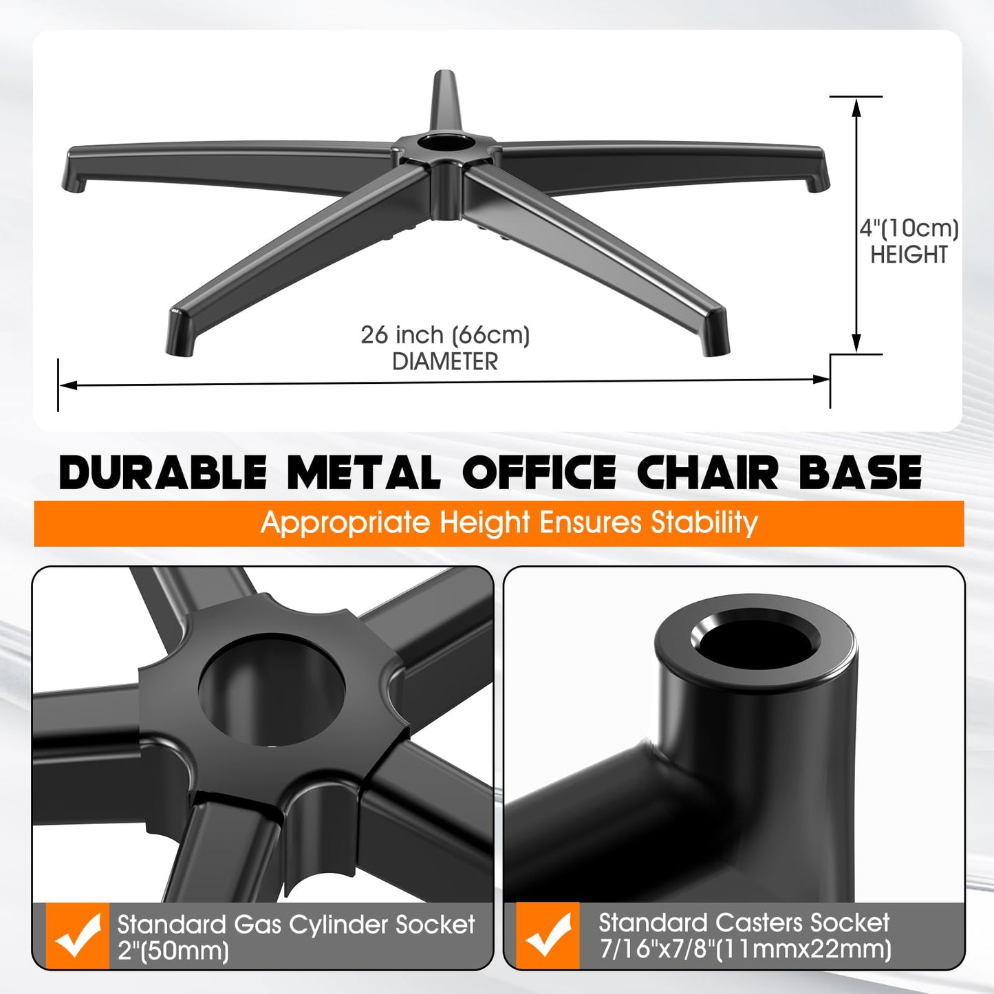 Heavy Duty Alloy Office Chair Base Replacement - Reinforced Metal Legs, Universal Gas Cylinder and Caster Socket (3300 lbs) (Black chair base)
