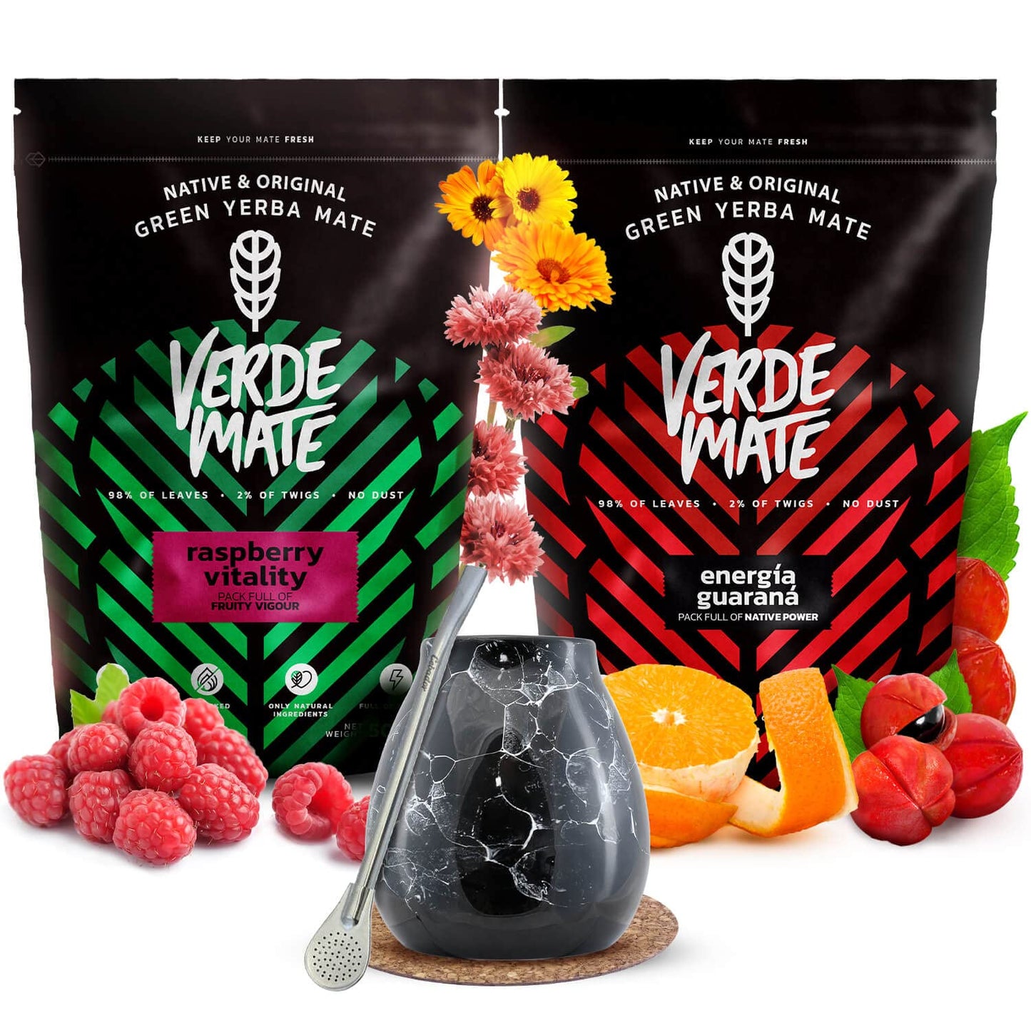 Verde Mate Green Energia Guarana, Raspberry Vitality 2x500g - Yerba Mate Set with Calabash and Bombilla, Mate Tea with Guarana and Fruits, Brazilian
