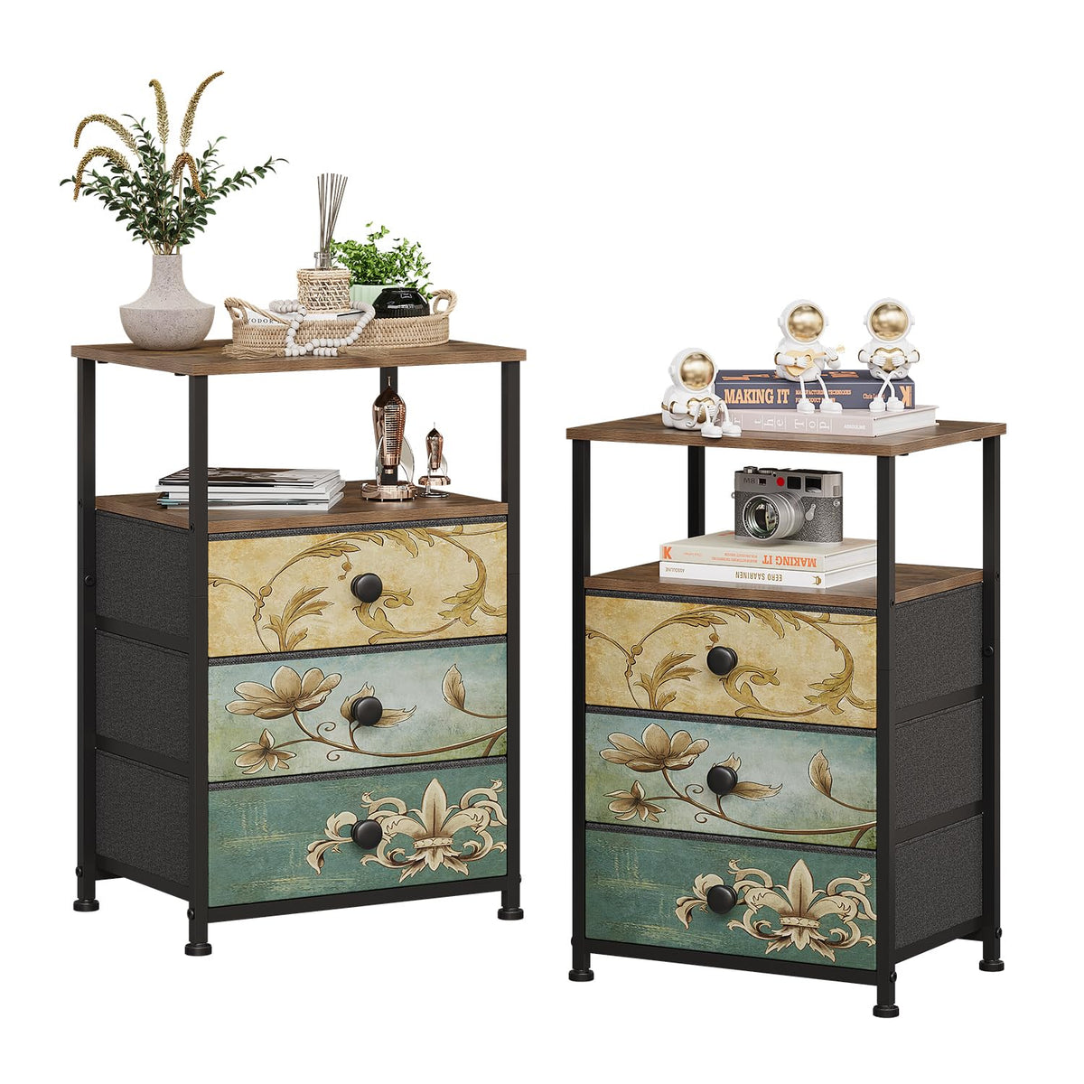 VEDECASA 2 Sets Chest of Drawers with Open Shelf Dresser for Bedroom with 3 Drawers Vintage Bedside Table Nightstand Cabinet for Living Room Sofa