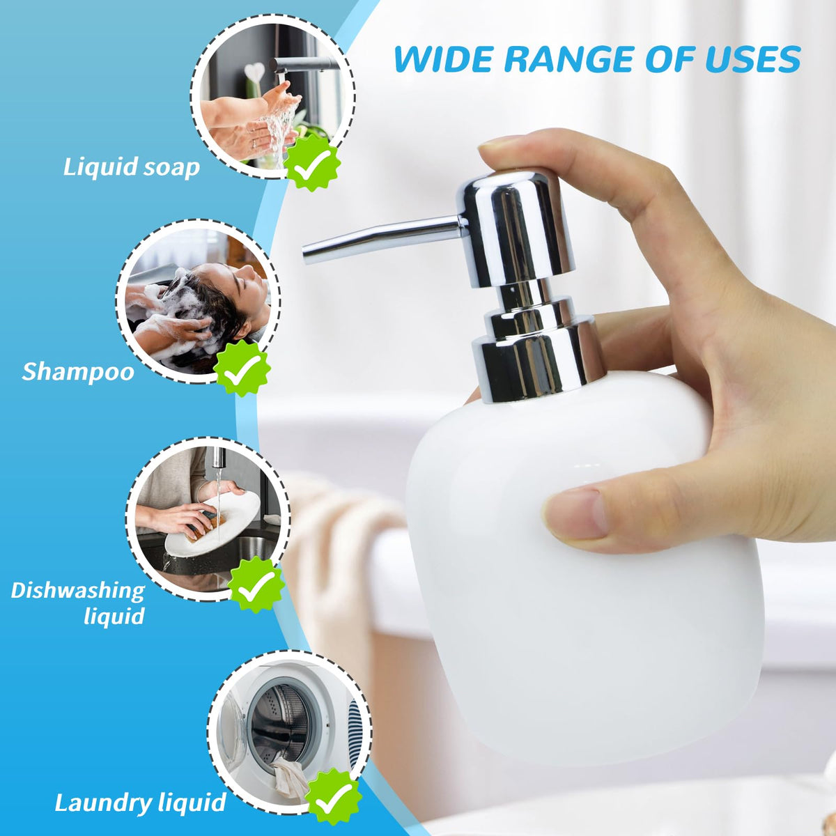 450ml White Oval Ceramic Soap Dispenser, Rustproof Silver Pump Refillable Lotion Bottle, Wide‑Mouth for Liquid Soap Shampoo Dish Soap