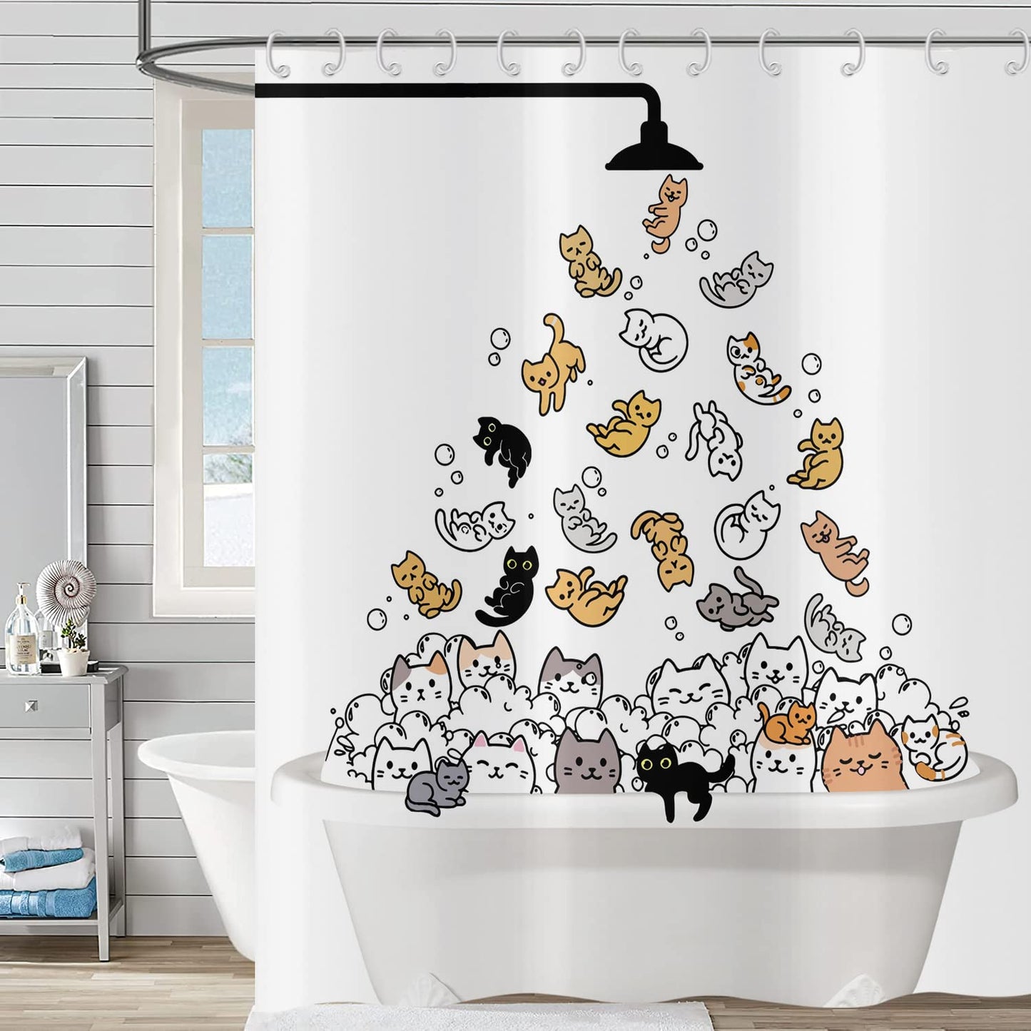 Hnmdmyi Funny Cat Shower Curtain 180x220, Kids Cartoon Animal Kitten Colorful Lovely Hilarious Pets Bathroom Curtains with Hooks Waterproof Polyester