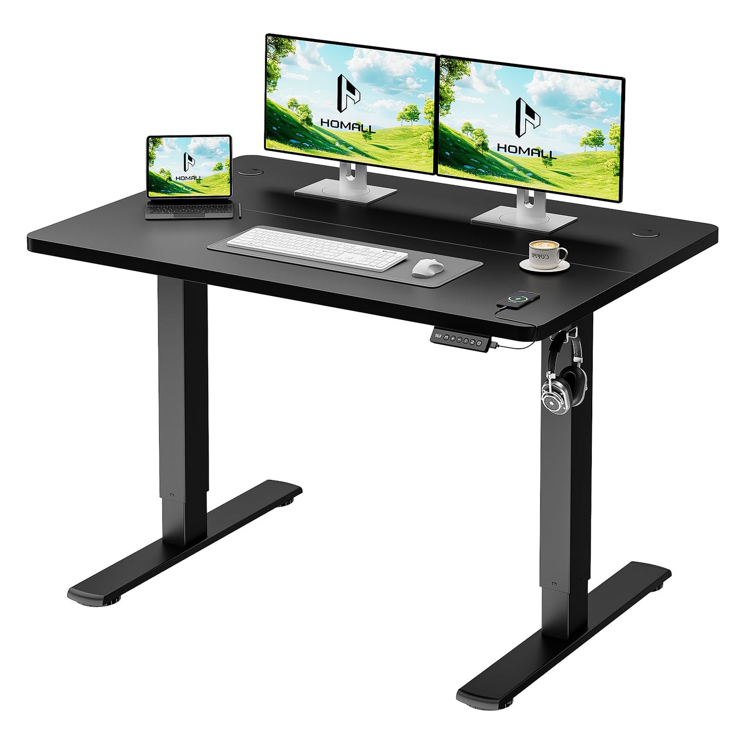 Homall Electric Height Adjustable Desk, Adjustable Height Office Desk with USB Ports, 100x60cm, Home Office with Splice Board, Black