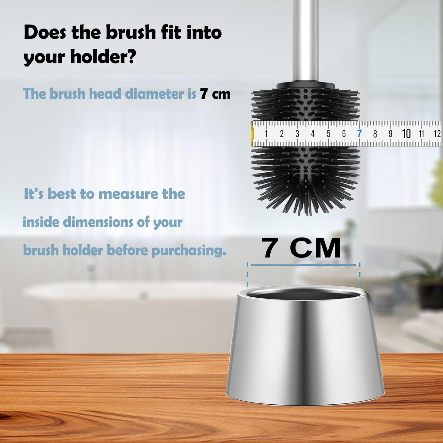 WAVEWO Silicone Toilet Brush with 2 Brush Heads, 7 cm Diameter Toilet Brush Made of 304 Stainless Steel for Bathroom Cleaning (Silver)