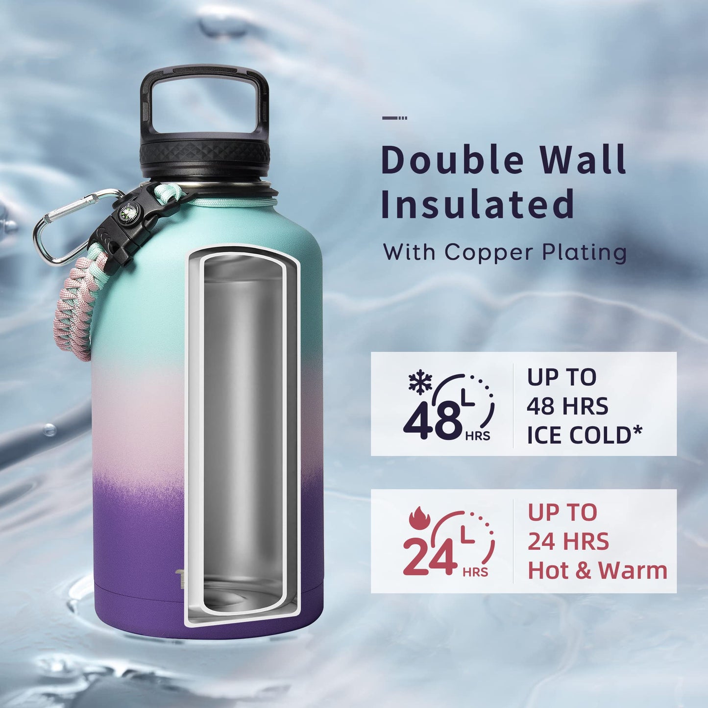 Trebo Stainless Steel Water Bottle 2L, Wide Mouth Insulated Water Bottle Double with Paracord Handle Sports Bottle Keep Cold 48 Hours Water Jug with 3