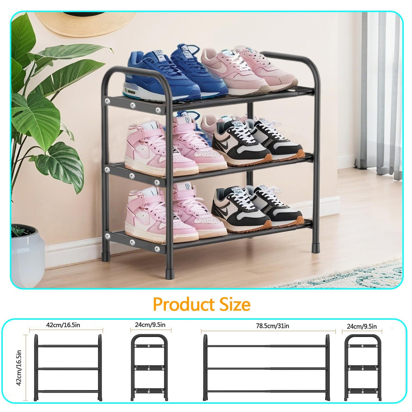 Expandable Shoe Rack, 3 Tier Adjustable Shoe Organizer Shelf for Closet,Slim Narrow Black Metal Free Standing Shoe Rack Storage for Small Space