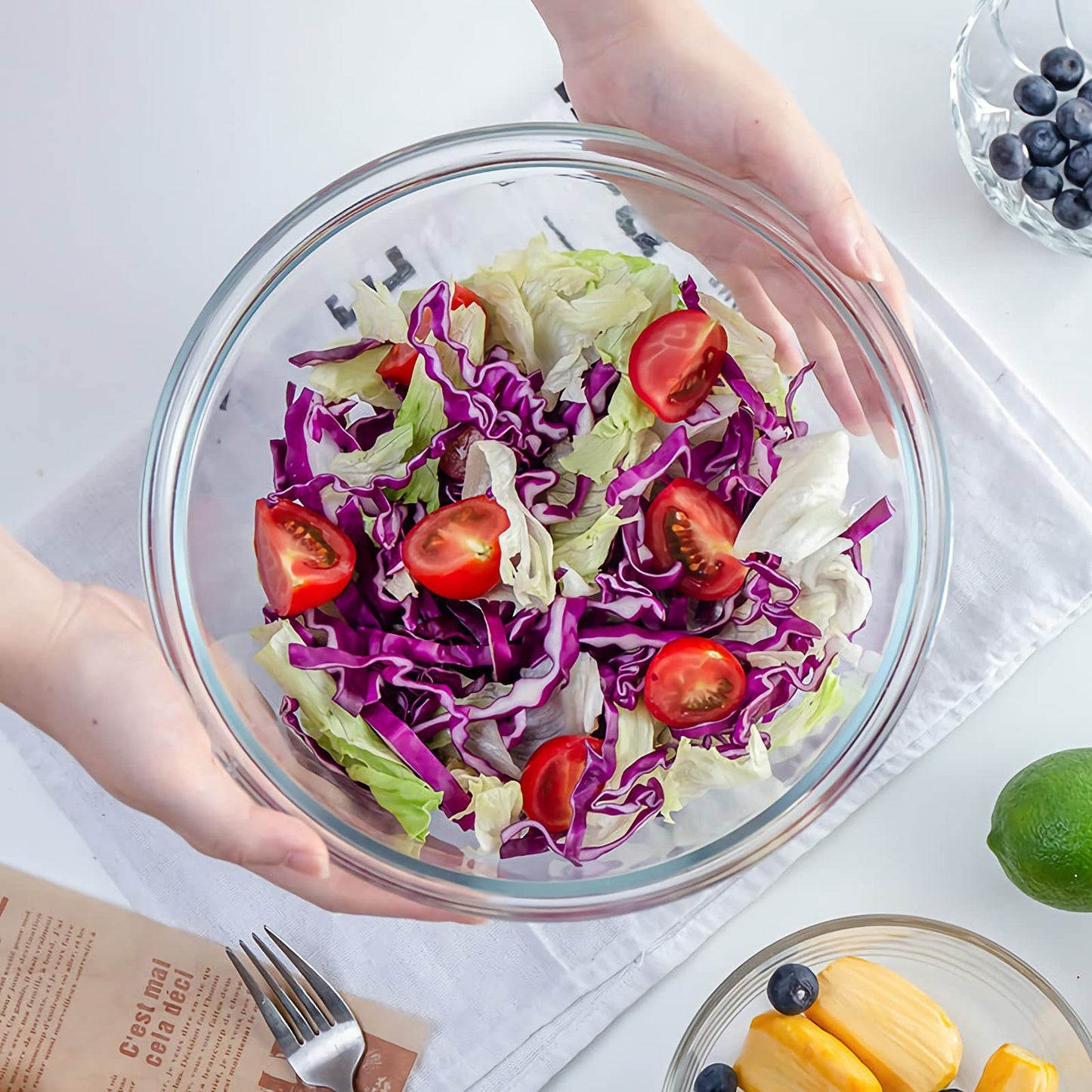 WhiteRhino Glass Mixing Bowl Set, Large Salad Bowl with Lids Kitchen Nesting Bowls for Baking Cooking,Prep, BPA Free Plastic Lids,Food Grade