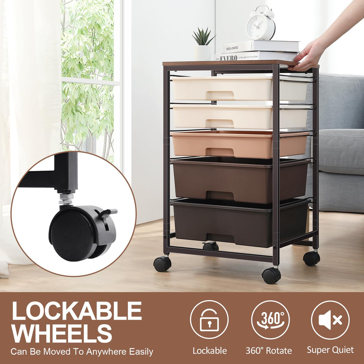 SYKIARIOL Storage Trolley with 5 Plastic Drawers, Rolling Storage Cart on Wheels, Multipurpose Utility Cart Organizer Unit for Living