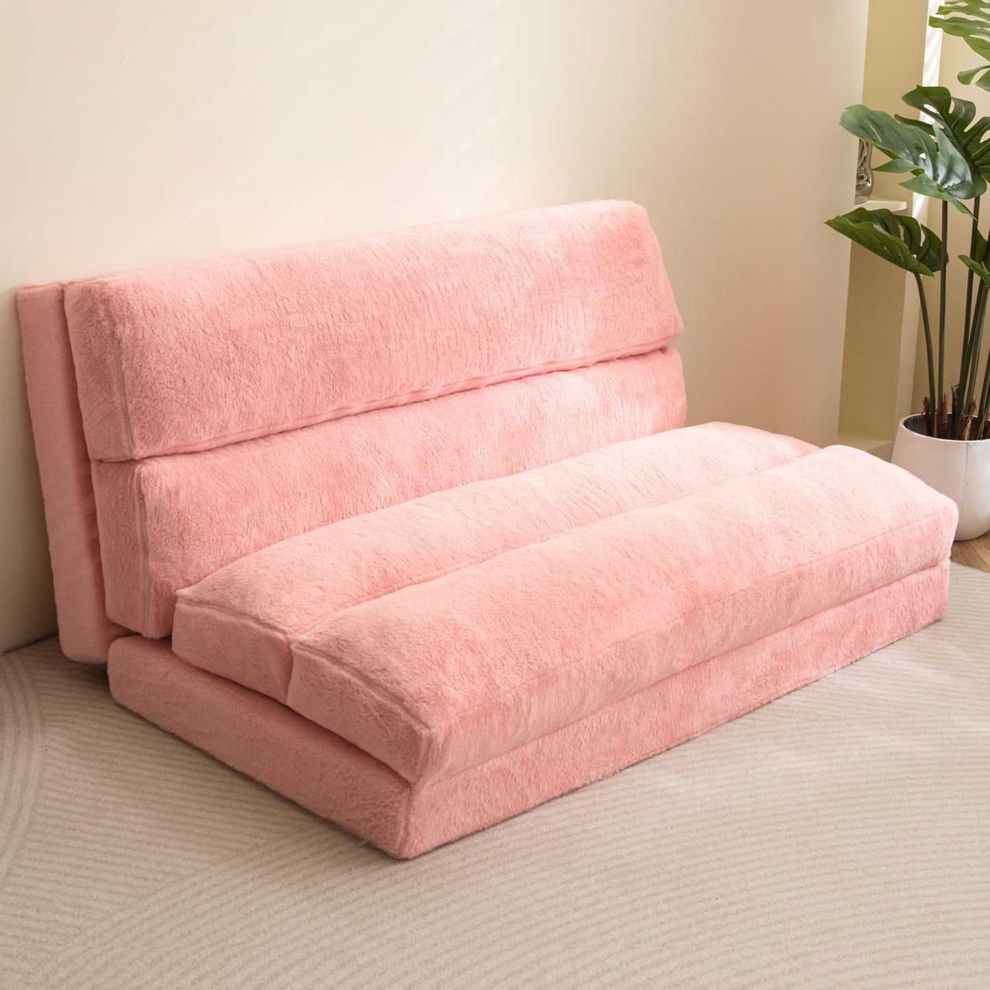 MAXYOYO Bean Bag Bed Folding Sofa Bed Mattress for Adults, Extra Thick 6 Fold Floor Couch for Bedroom Living Room, Pink, 100x240 cm