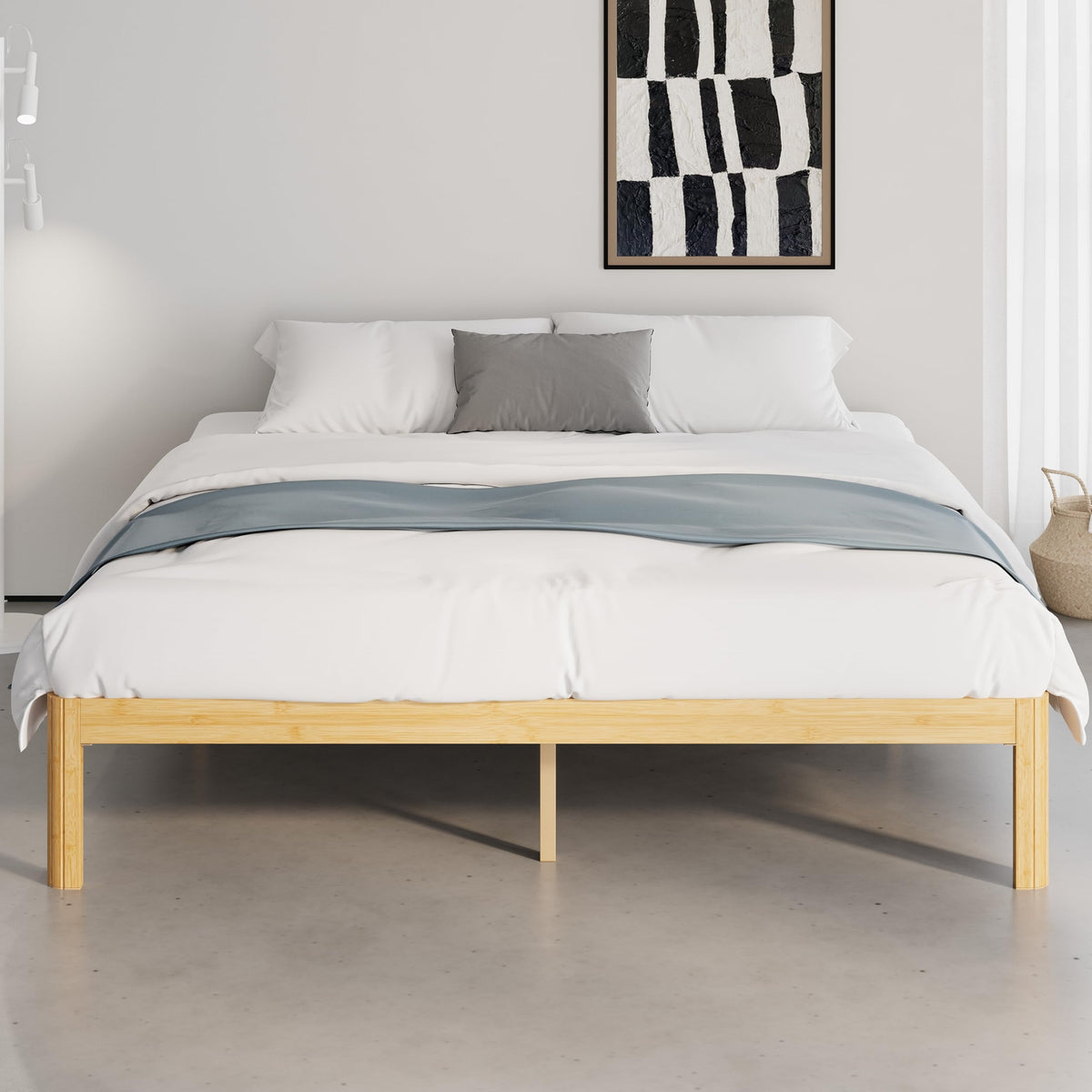 QFtime Bamboo Wood King Size Bed Frame with Metal Slats Support, Platform King Bed Frame, Easy to Install, Noise Free, Sturdy, 35.5 cm High