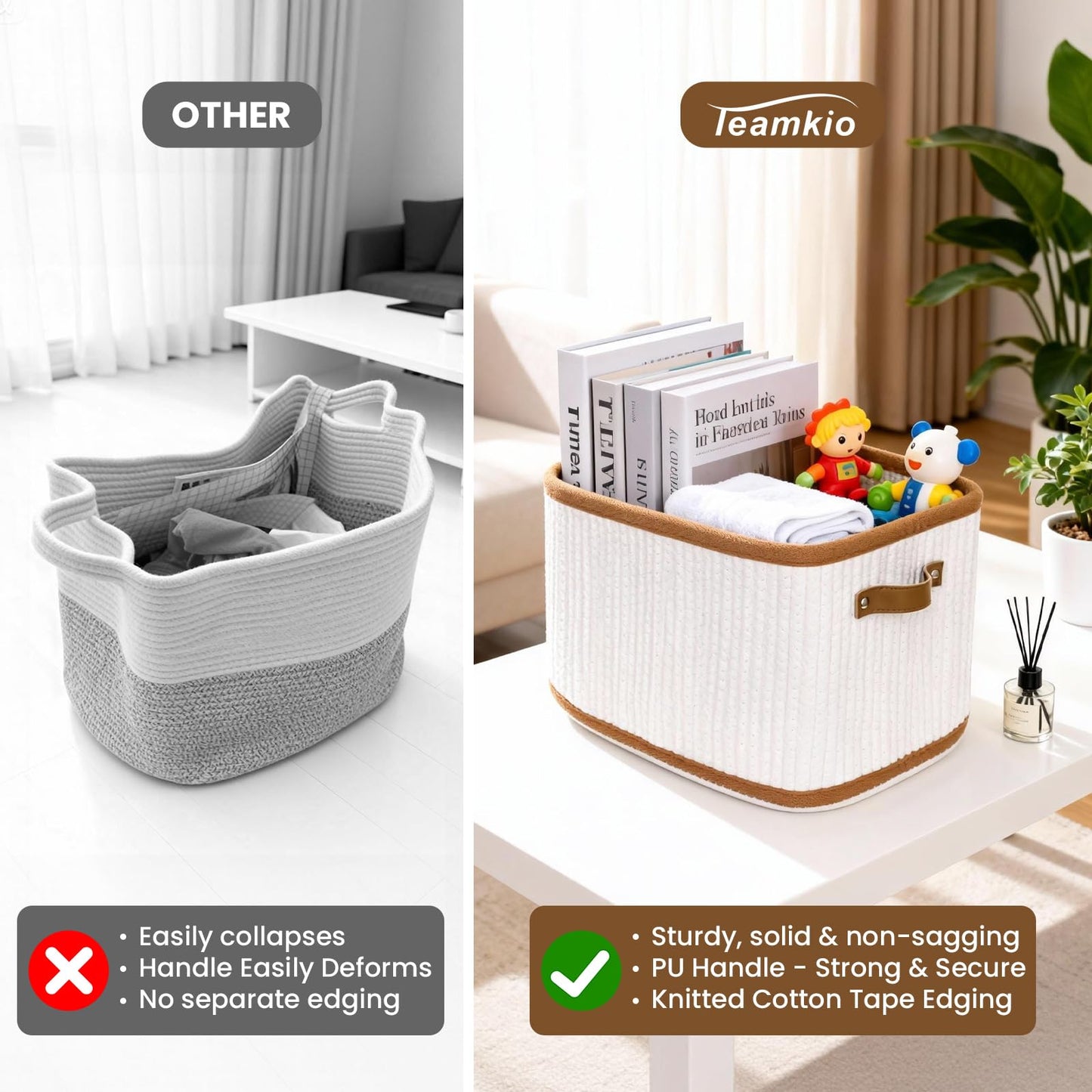 Teamkio Bathroom Woven Storage Baskets, 2PCS Vertical Cotton Rope Organizer
