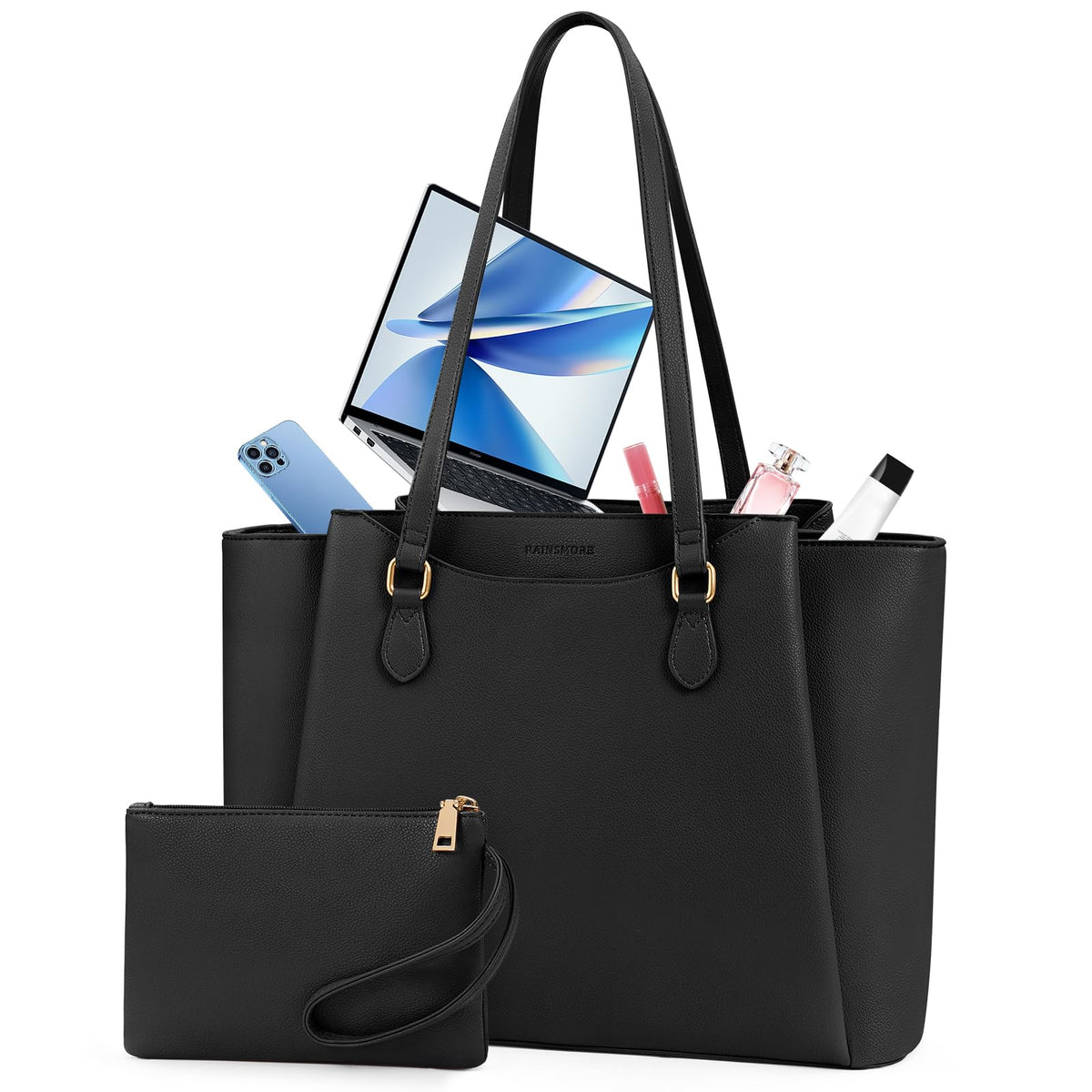 RAINSMORE Laptop Tote Bags for Women 15.6 Inch, PU Leather Ladies Laptop Handbags with Clutch, Large Shoulder Work Bag for School Office Business