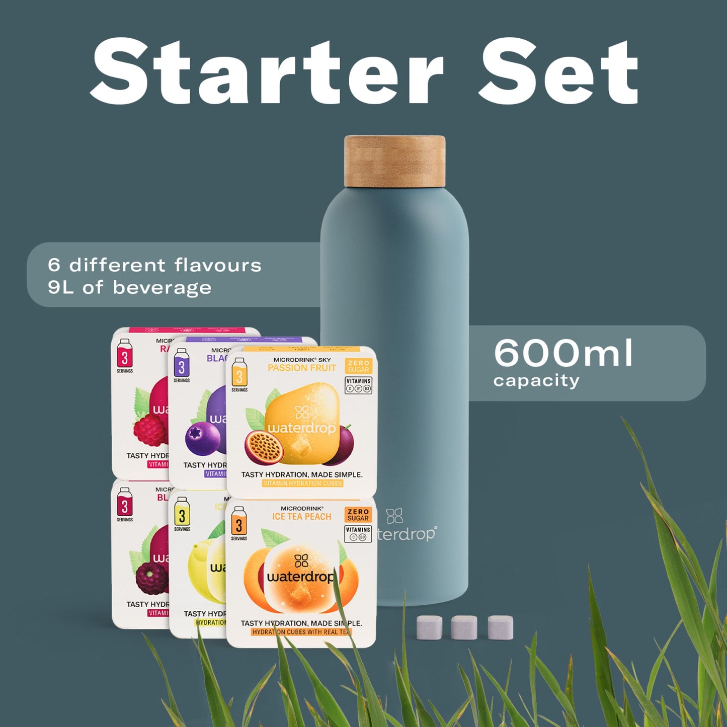 Waterdrop? Easter Gift Box - 600 ml Stainless Steel Bottle + 18 Water Flavouring Hydration Cubes, Vitamin Infused, Sugar Free Microdrink, Perfect