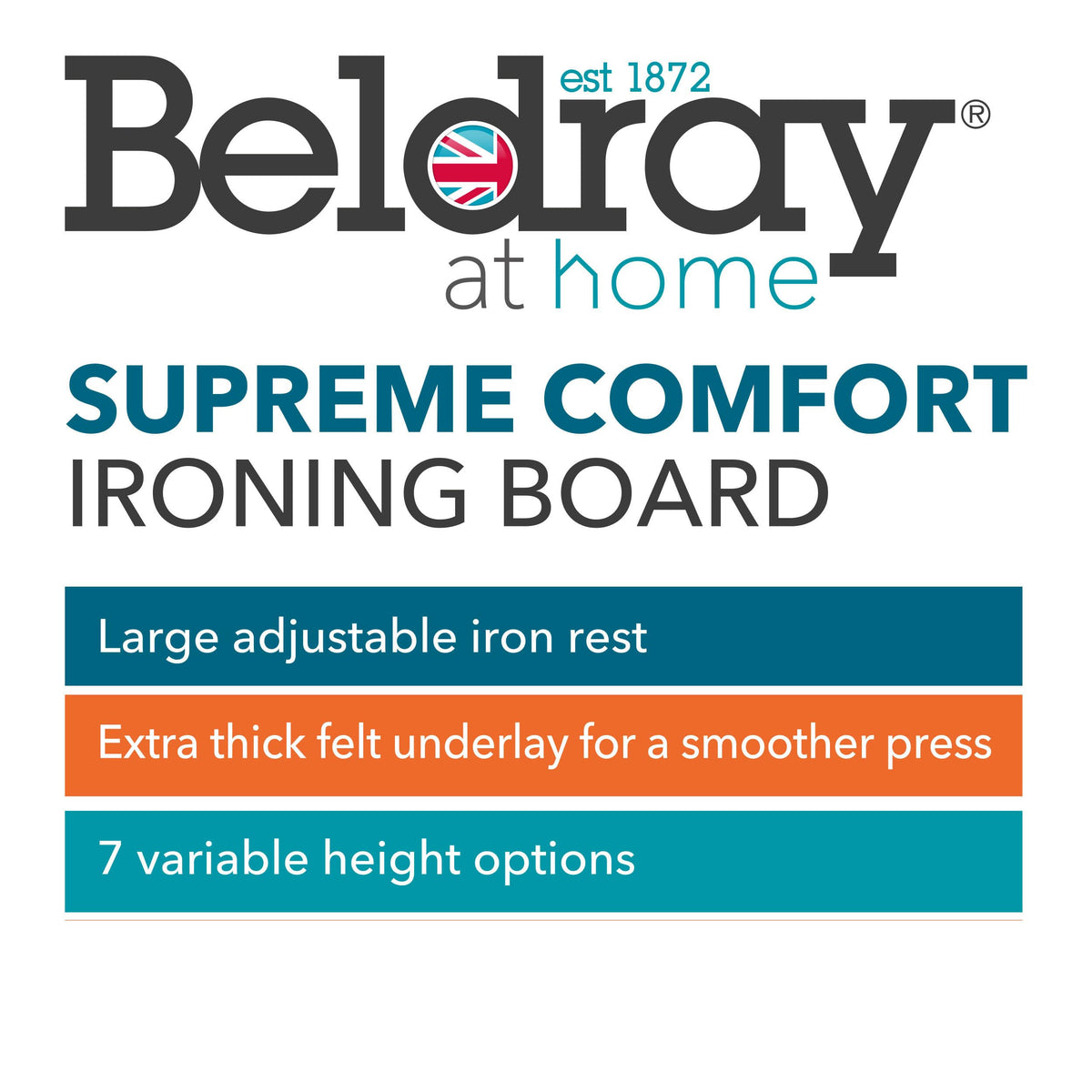 Beldray LA031251PALM1FEU7 Supreme Comfort Ironing Board  Folding Collapsible Table For Compact Storage, Large Adjustable Iron Rest, 7 Heights, Heat