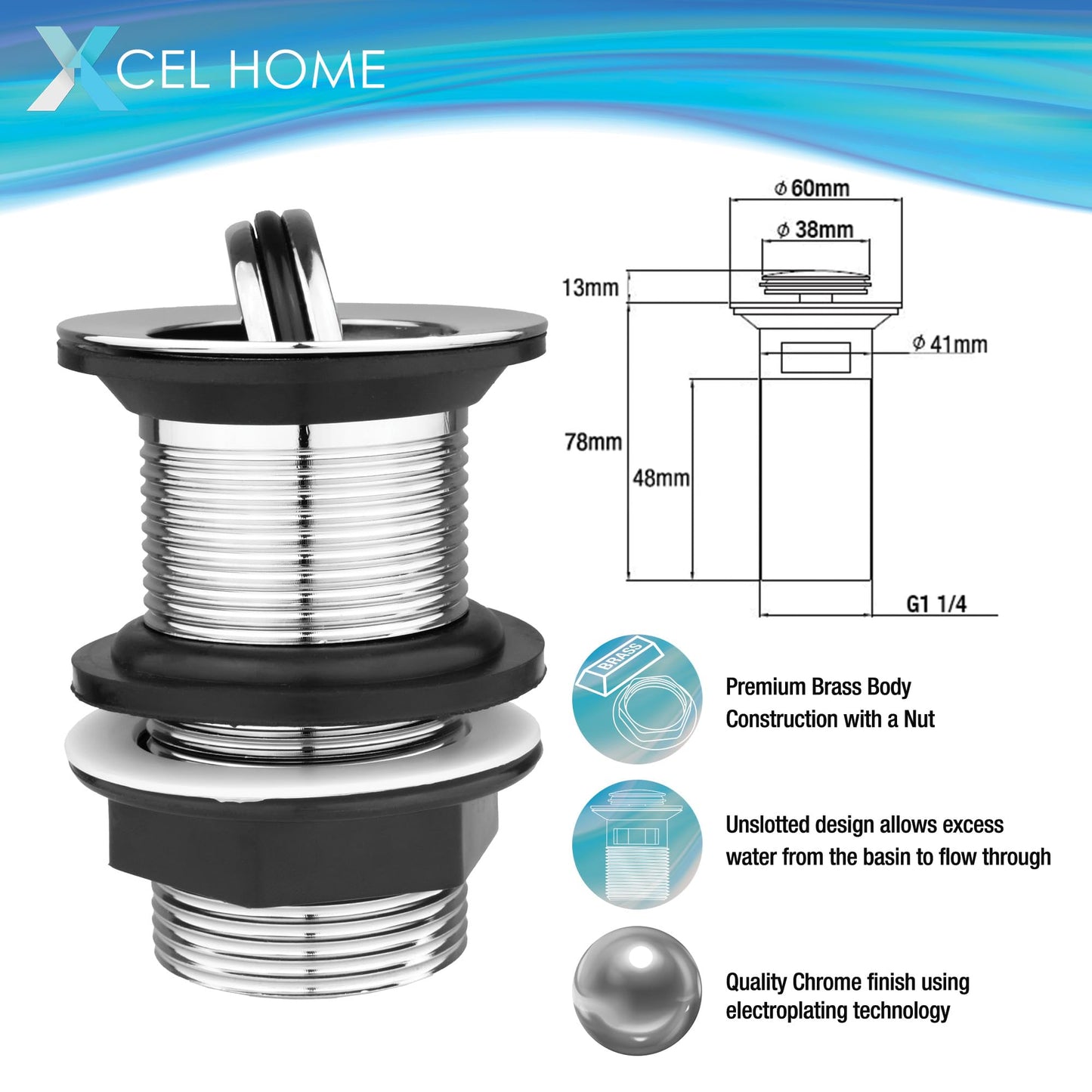 Xcel Home G 1 1/4 Unslotted Chrome Flip Top Basin Waste – Brass Sink Plug with Swivel Mechanism, Durable Bathroom Basin Drain Stopper