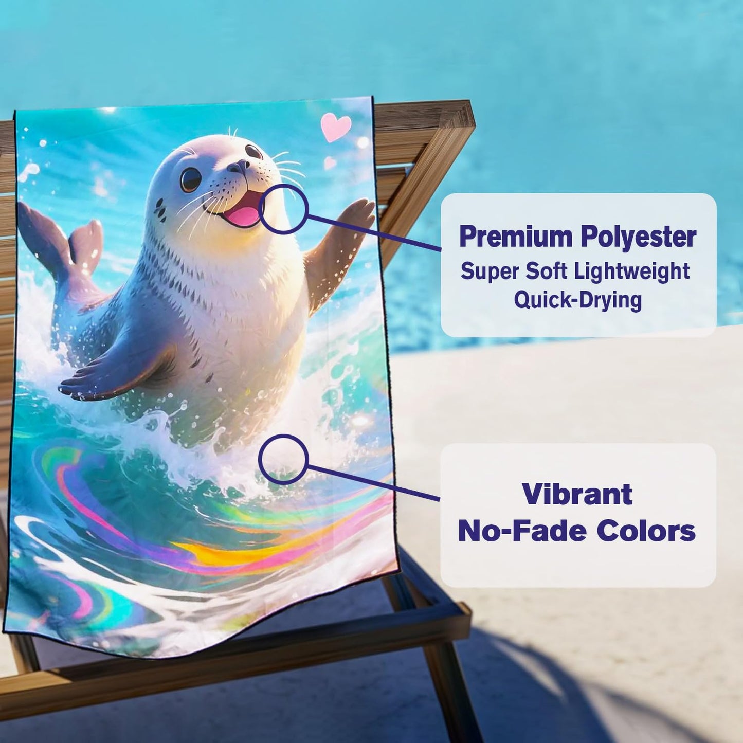 Violetpos Rainbow Wave Seal Beach Towel, Extra Large 180x90 cm 250GSM Microfibre, Sand Free Quick Dry