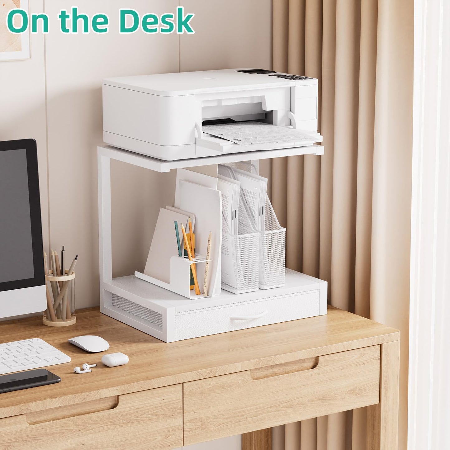 OYRREU 2-Tier Desktop Printer Stand with Fabric Drawer for Storage, White