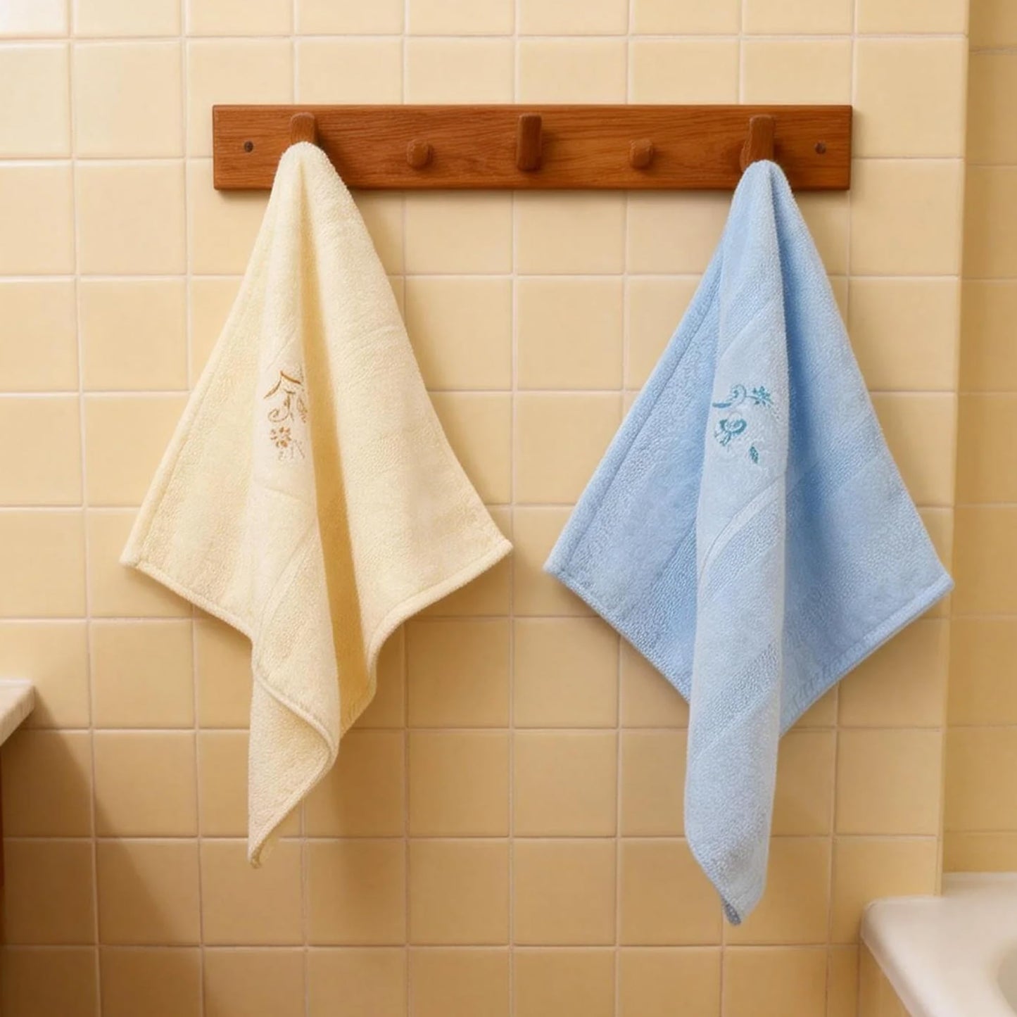 Vie TRIOMPHE Face Flannels Set of 2 Cotton Washcloths 34x35cm 100% Cotton High-Low Pile Embroidered Soft Absorbent Face Cloths Beige and Blue