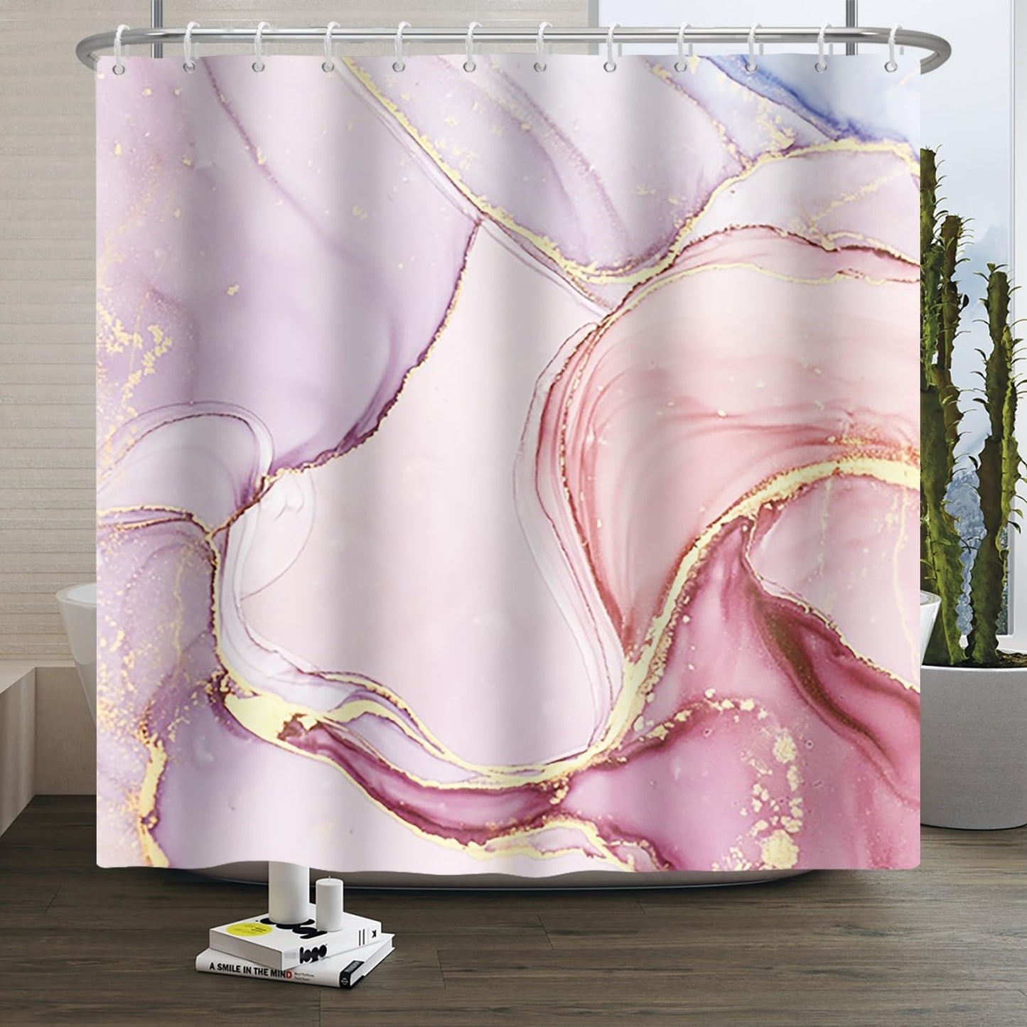 Xiaoterna 180x180cm Marble Shower Curtain Abstract Pink Gold Dots Waterproof Polyester Bathroom Curtain Luxury Modern Aesthetic Artistic Washable