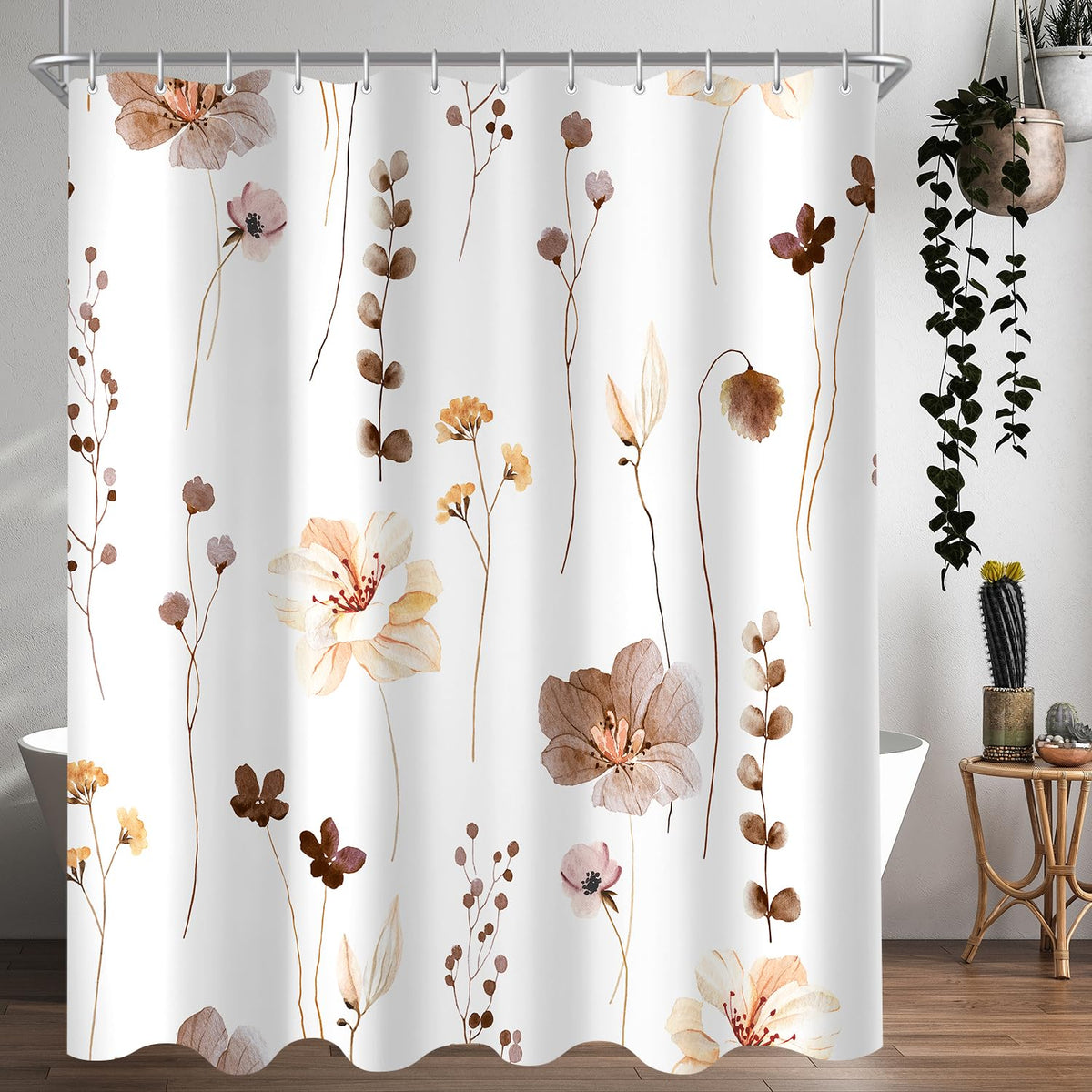 Lerores Shower Curtain, 180 x 200 cm, Brown Flower, Weighted Hem, Anti-Mould, Water-Repellent, Washable Polyester Bath Curtains with 12 Eyelets and