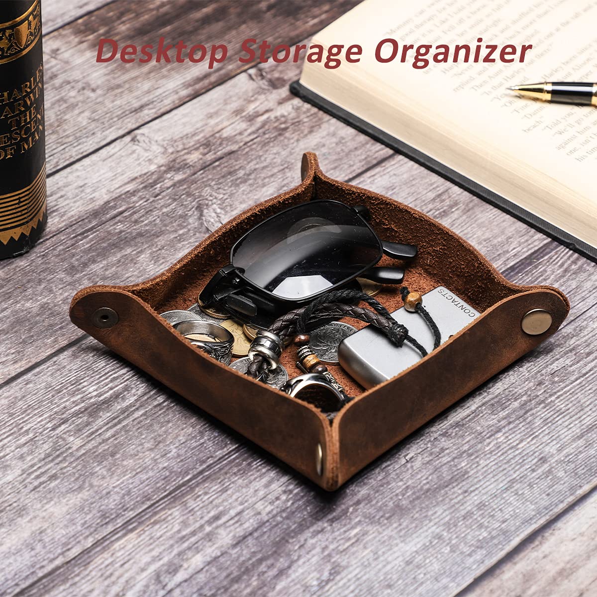 Hiram Genuine Leather Desktop Storage Organizer Valet Tray Small Items Storage Caddy Holder for Keys, Phone, Wallet, Coin, Jewelry,Glasses Snag Design