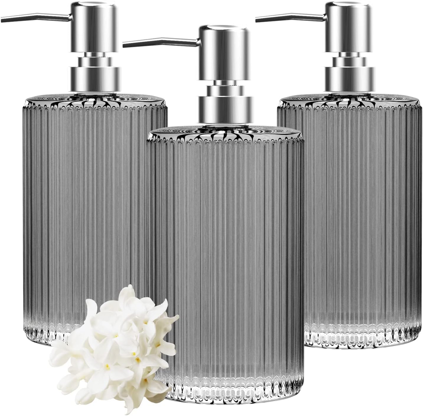 HIYAA 3 Pack Glass 17 Oz Versatile Lotion Liquid Dish Hand Soap Dispenser with Pump for Bathroom, Countertop, Kitchen, Laundry Room (Grey), 17Oz