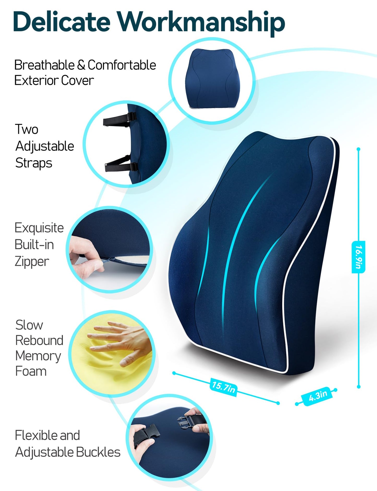 Travel Ease Ergonomic Lumbar Support Cushion, Memory Foam Back Support Cushion for Office Chairs with Skin-friendly Cover for Comfort (DarkBlue)
