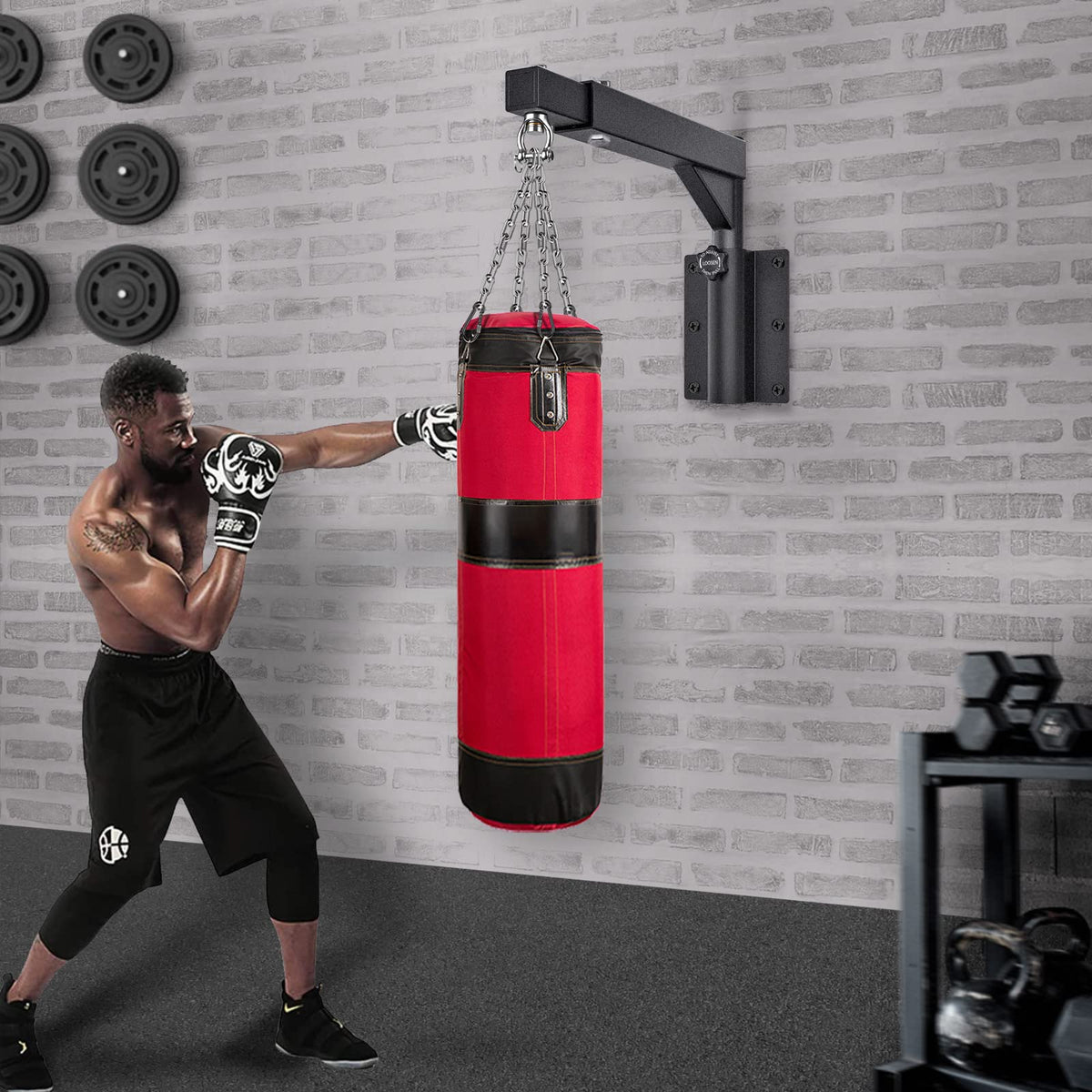 BeneLabel Punch Bag Bracket, Boxing Bag Wall Stand Frame Heavy Duty Speed Bag Hanger Silent Rotation Chain Carabiner with Adjustable 44-64cm