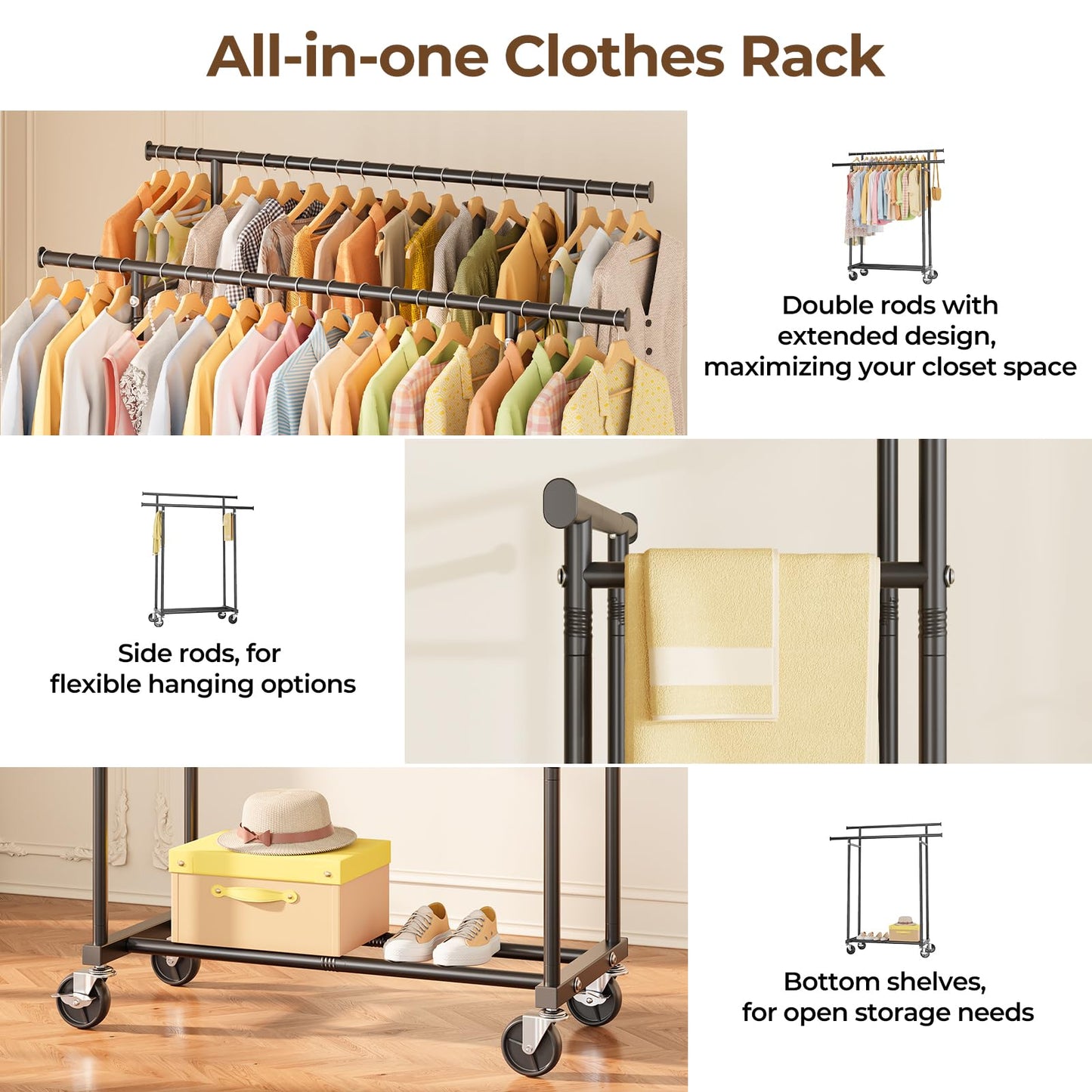 HYSEYY Double Rod Clothes Rail, Rolling Clothes Rack, Heavy Duty Clothing Rail with Lockable Wheels & Storage Shelf, Clothing Rack for bedroom