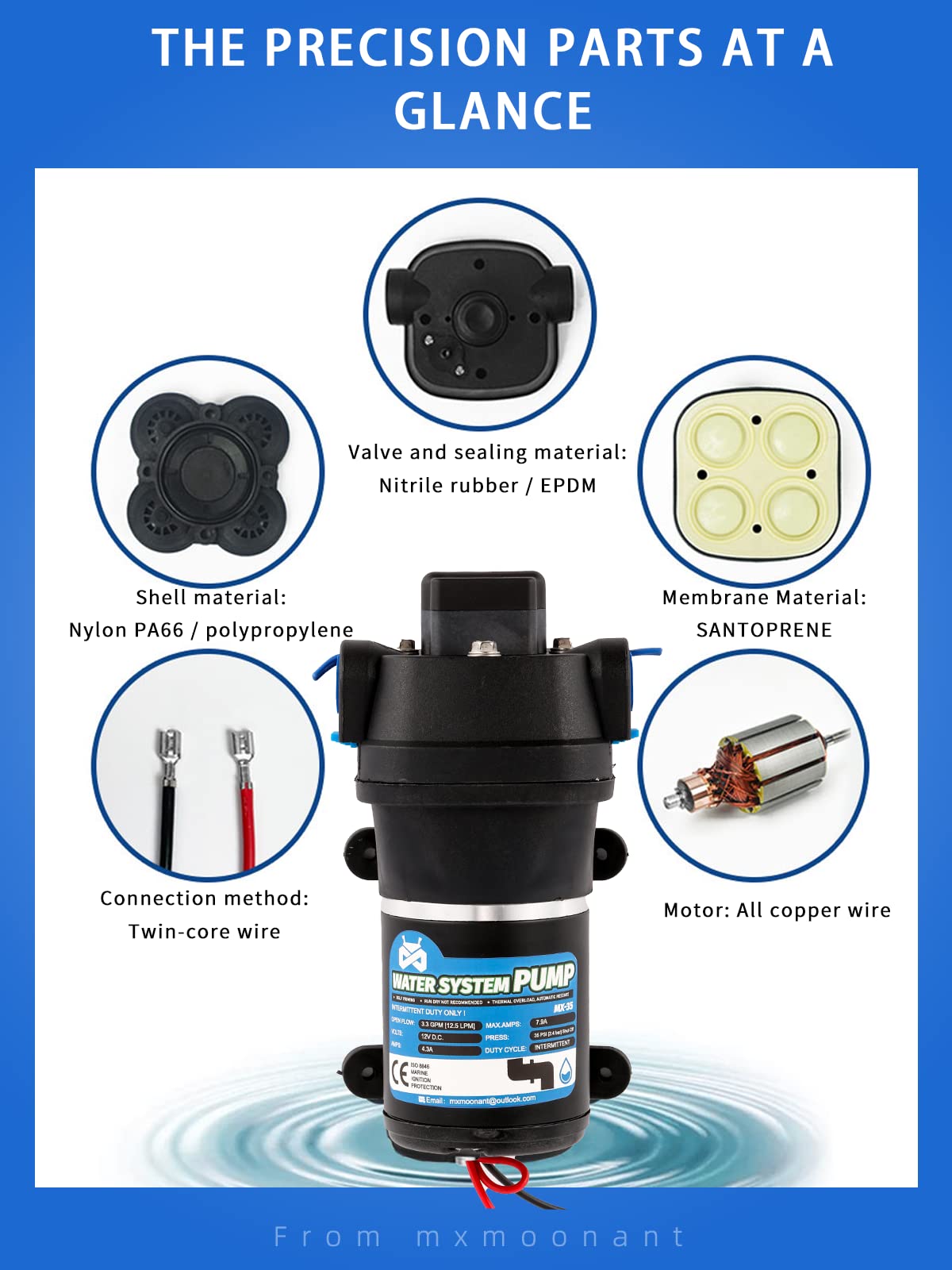 Mxmoonant 12V DC Automatic Water Pump, Booster Pump, 35 Psi, 2.4 Bar, 95W, 12.5 Lpm/min, Self Priming, Overload Protection, Low Noise, for Caravan,