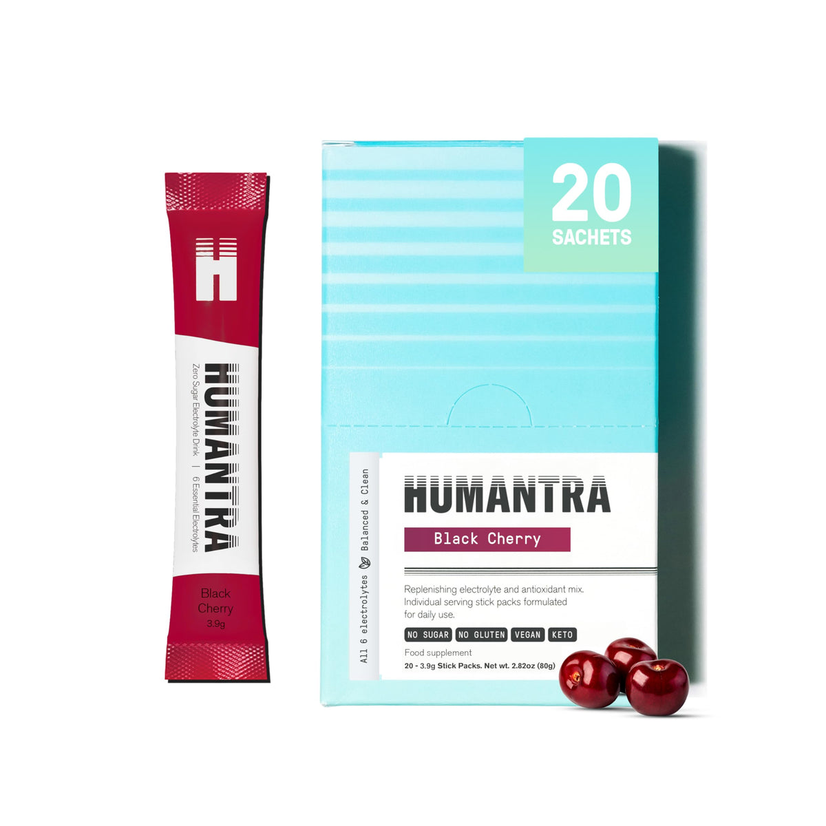 Humantra Electrolyte Packets | Zero Sugar | W/ 6 Electrolytes | Electrolytes Powder (20 Count, Black Cherry)
