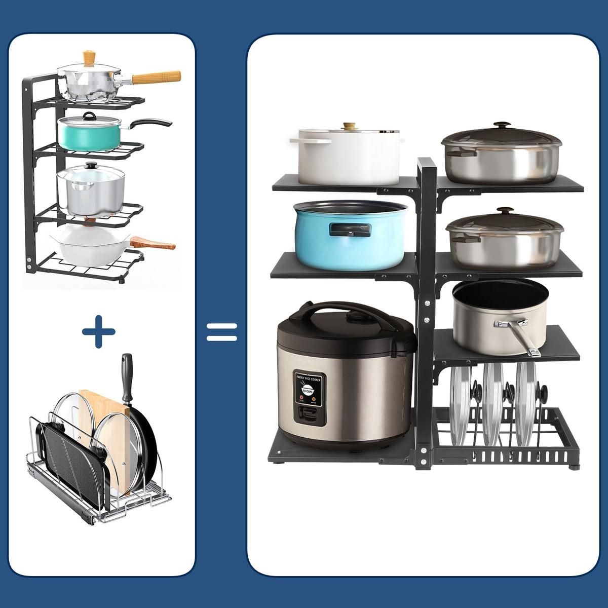 CASONNIK 6+1-Tier Adjustable Heavy Duty Pan Organizer Rack for Cabinet, Black Carbon Steel Kitchen Cookware Organizer
