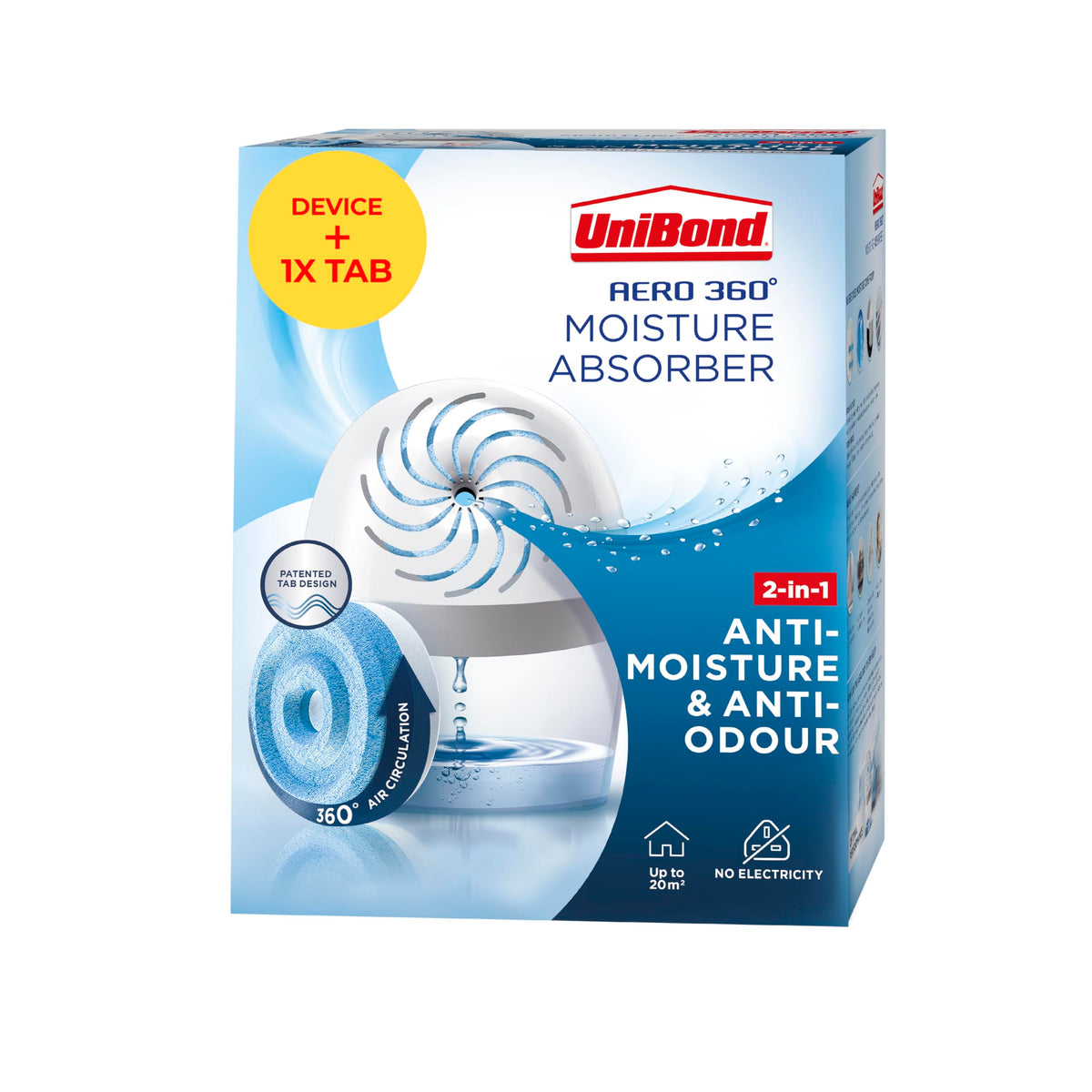 UniBond AERO 360? Moisture Absorber, 1 Device incl. 1 Refill Tab 450g, Ultra-Absorbent Dehumidifier, Helps Prevent Condensation, Recyclable,