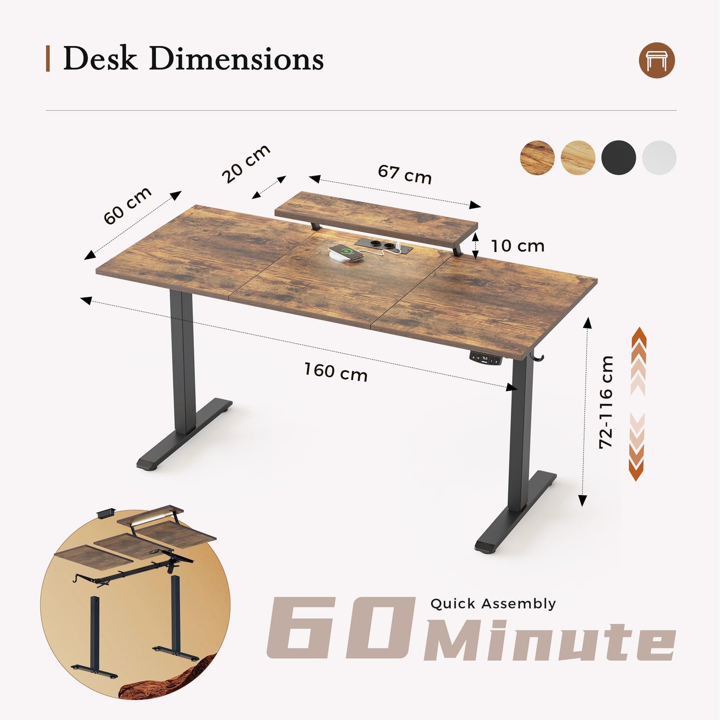 Klicelor Electric Standing Desk, Led & Plug, Movable Monitorstand, 160x60